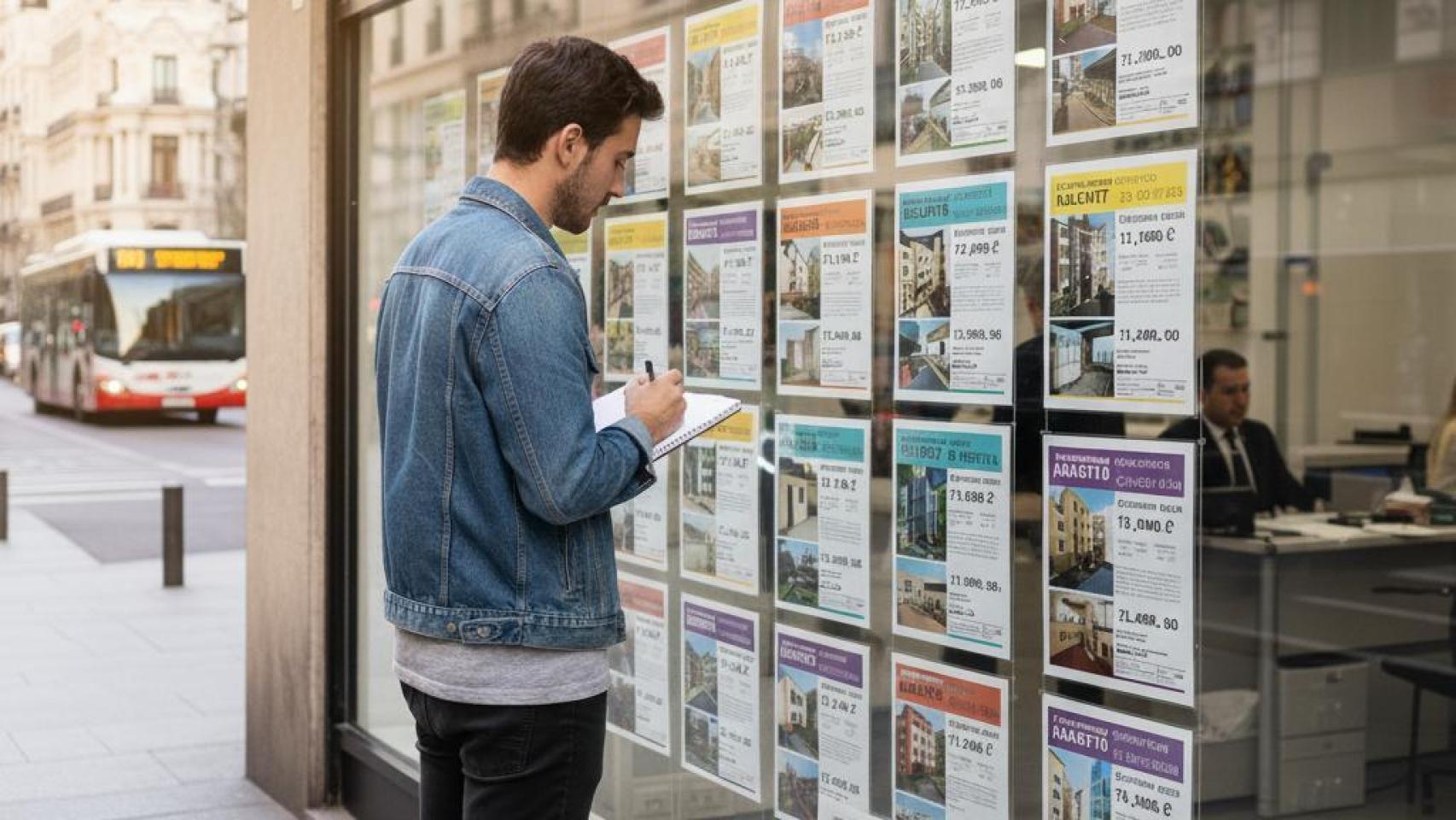 Imagen de un joven mirando pisos en una inmobiliaria generada por IA.