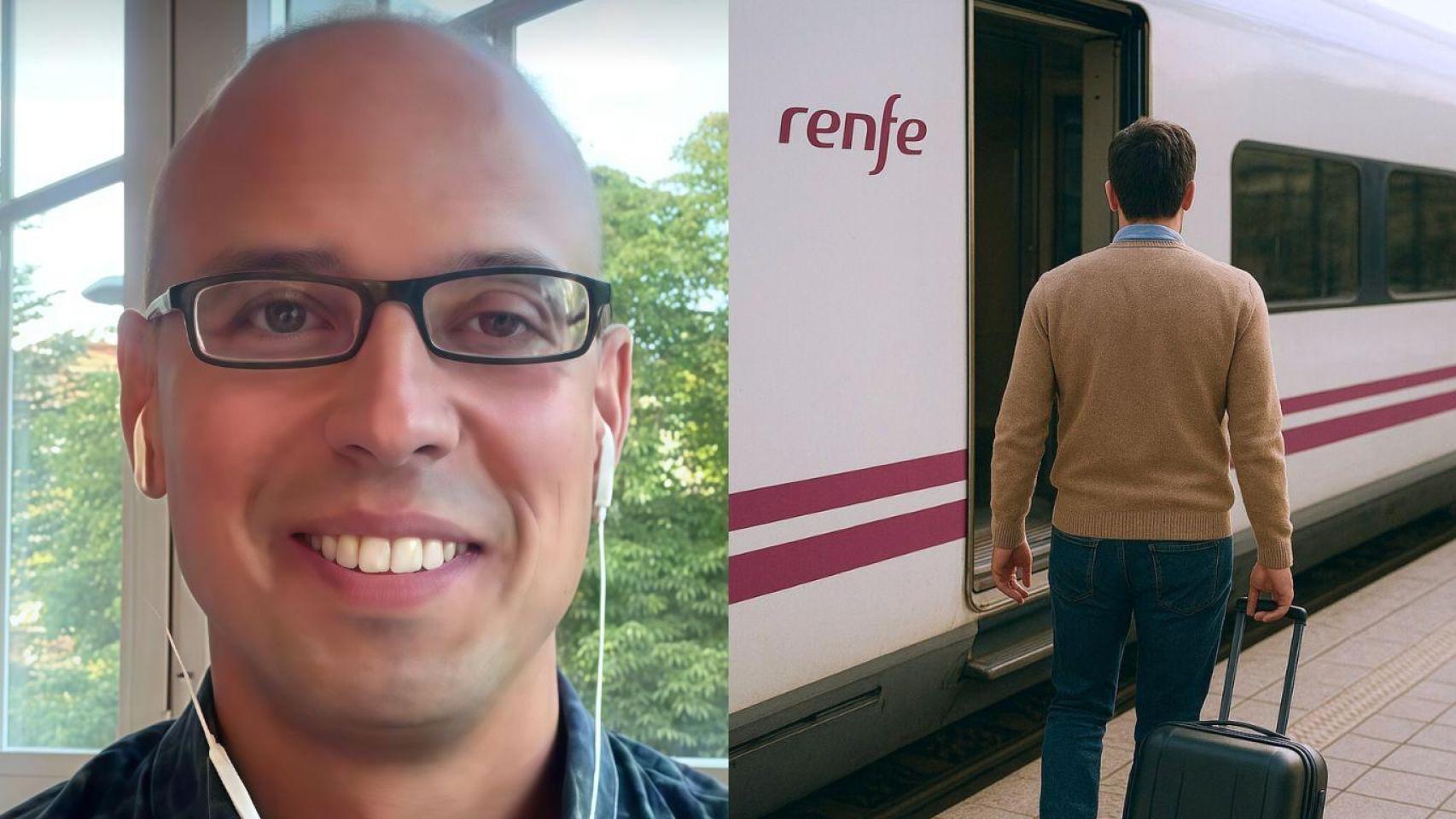 Pablo Polanco (izquierda) y hombre subiendo a un tren generado por IA (derecha)