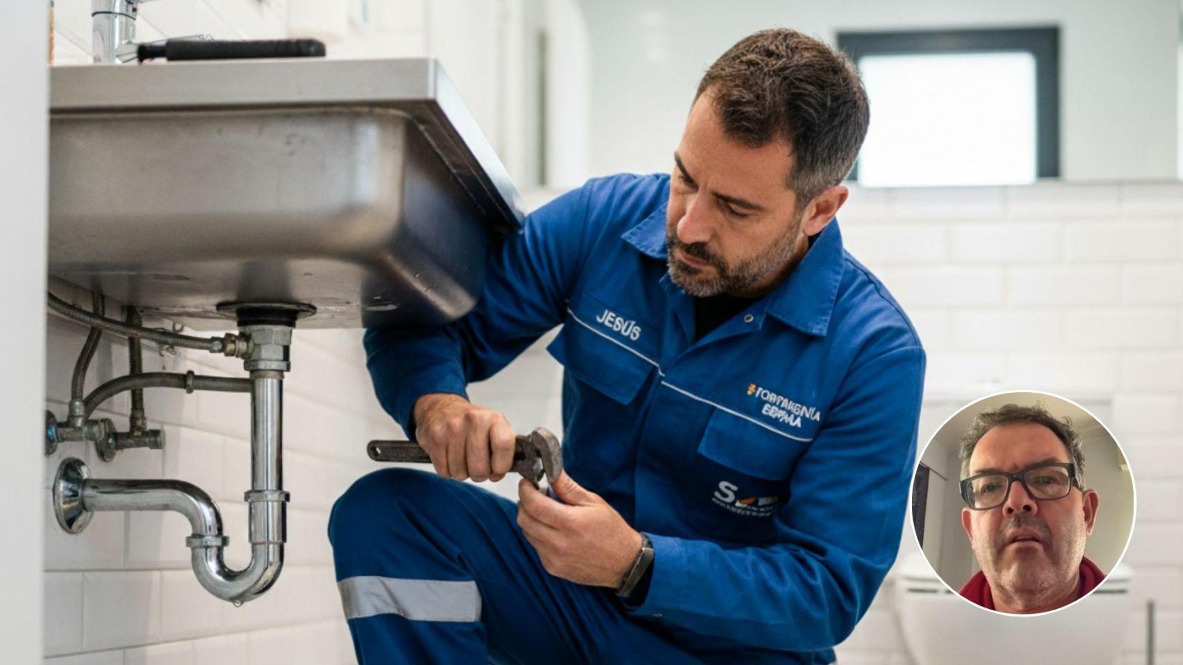 Imagen generada por IA de un fontanero trabajando y Jesús Rodríguez.