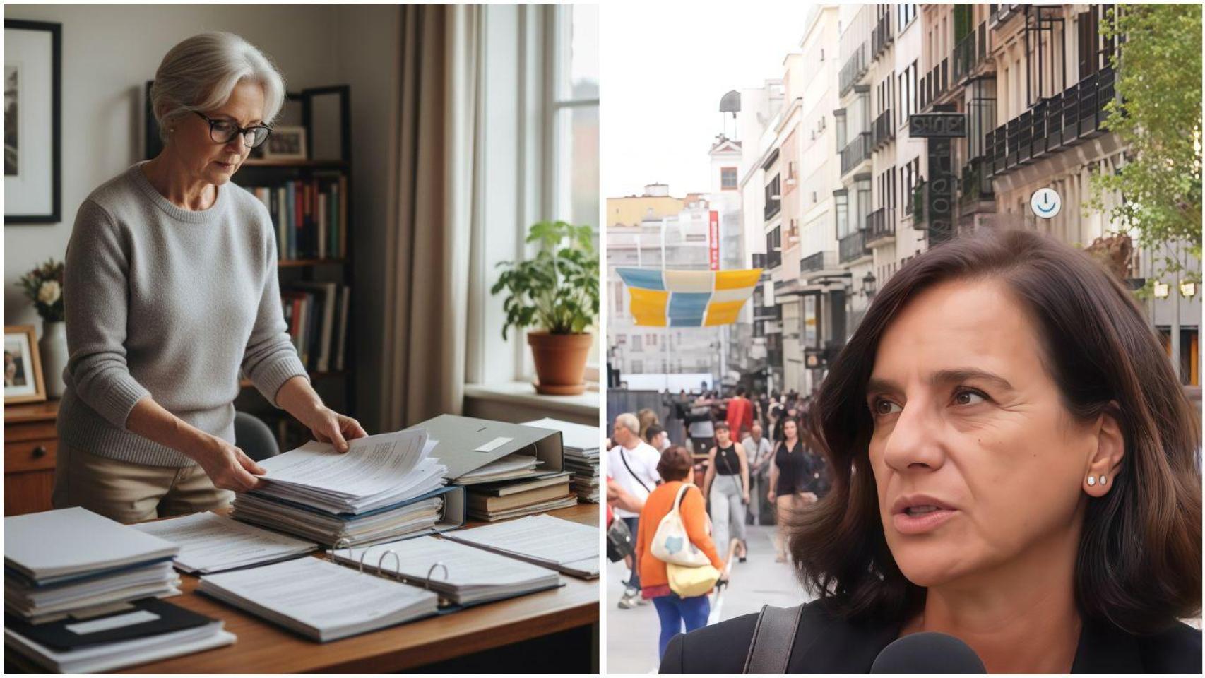 Fotomontaje de una funcionaria apilando documentos .
