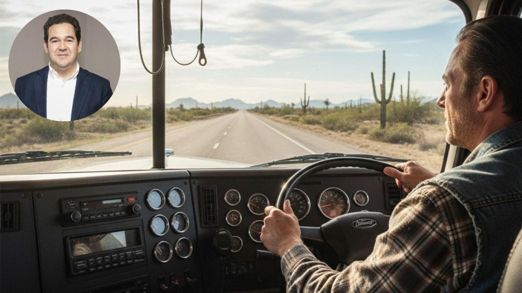 Fotomontaje de Pedro Ruiz y un conductor en un camión de mercancías.