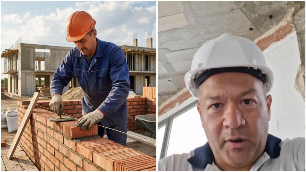 Un albañil argentino (derecha) y una imagen de un trabajador de la construcción generada por IA: