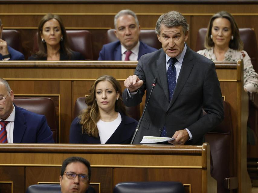 El líder de la oposición, Alberto Núñez Feijóo, se dirige a Pedro Sánchez durante una sesión de control del Congreso.