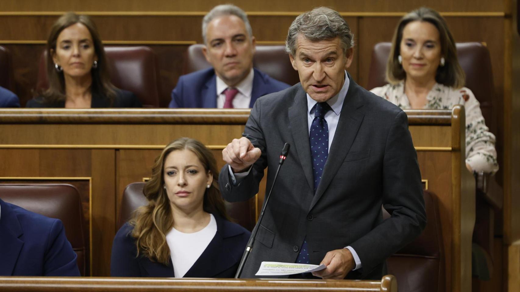 El líder de la oposición, Alberto Núñez Feijóo se dirige a Pedro Sánchez durante la sesión de control del Congreso.
