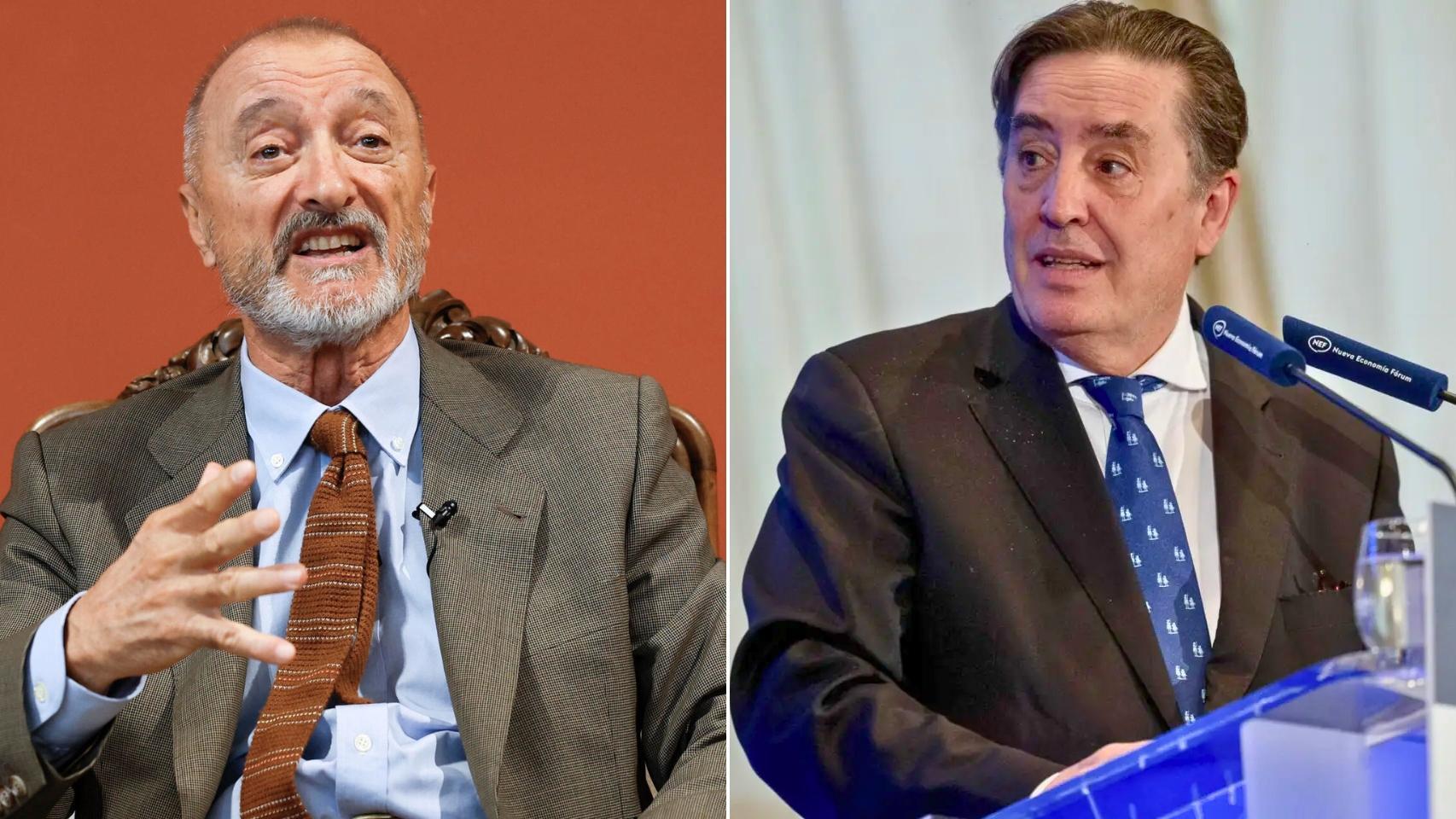 Pérez-Reverte, este martes en la sede de la RAE. A la derecha, García Montero durante el coloquio en el que criticó a Muñoz Machado. Fotos: EFE