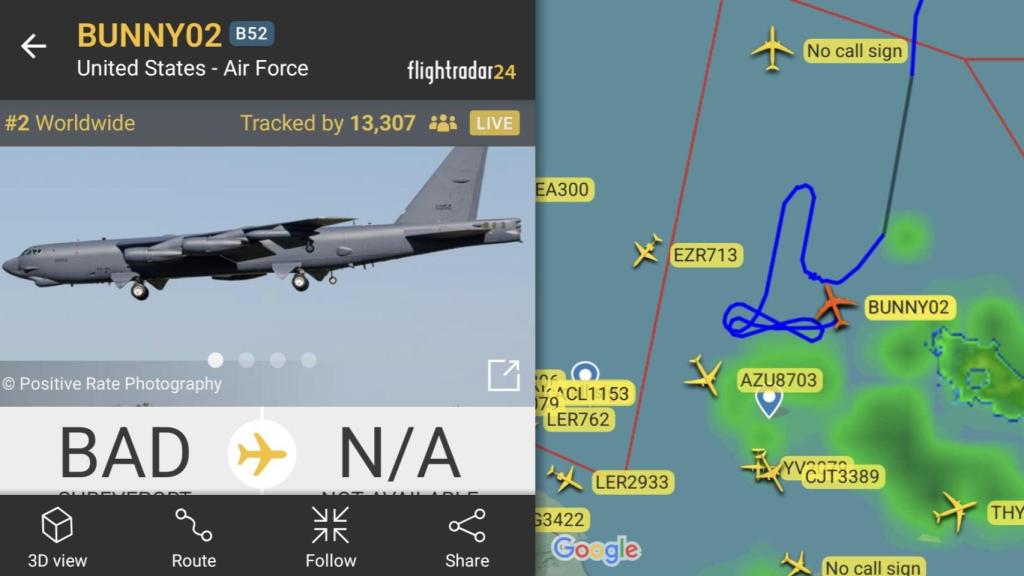 The penis drawn by the trajectory of the three US bombers on Tuesday off the coast of Venezuela.