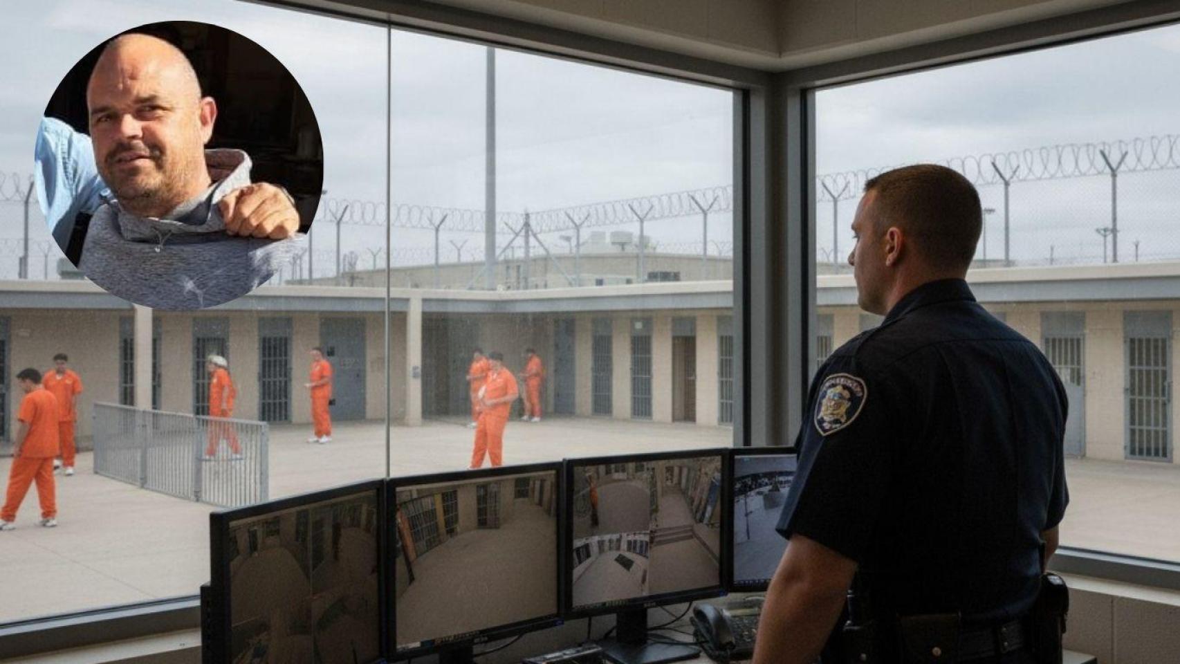 Fotomontaje de Jorge Martínez y un funcionario de prisiones vigilando a los presos.