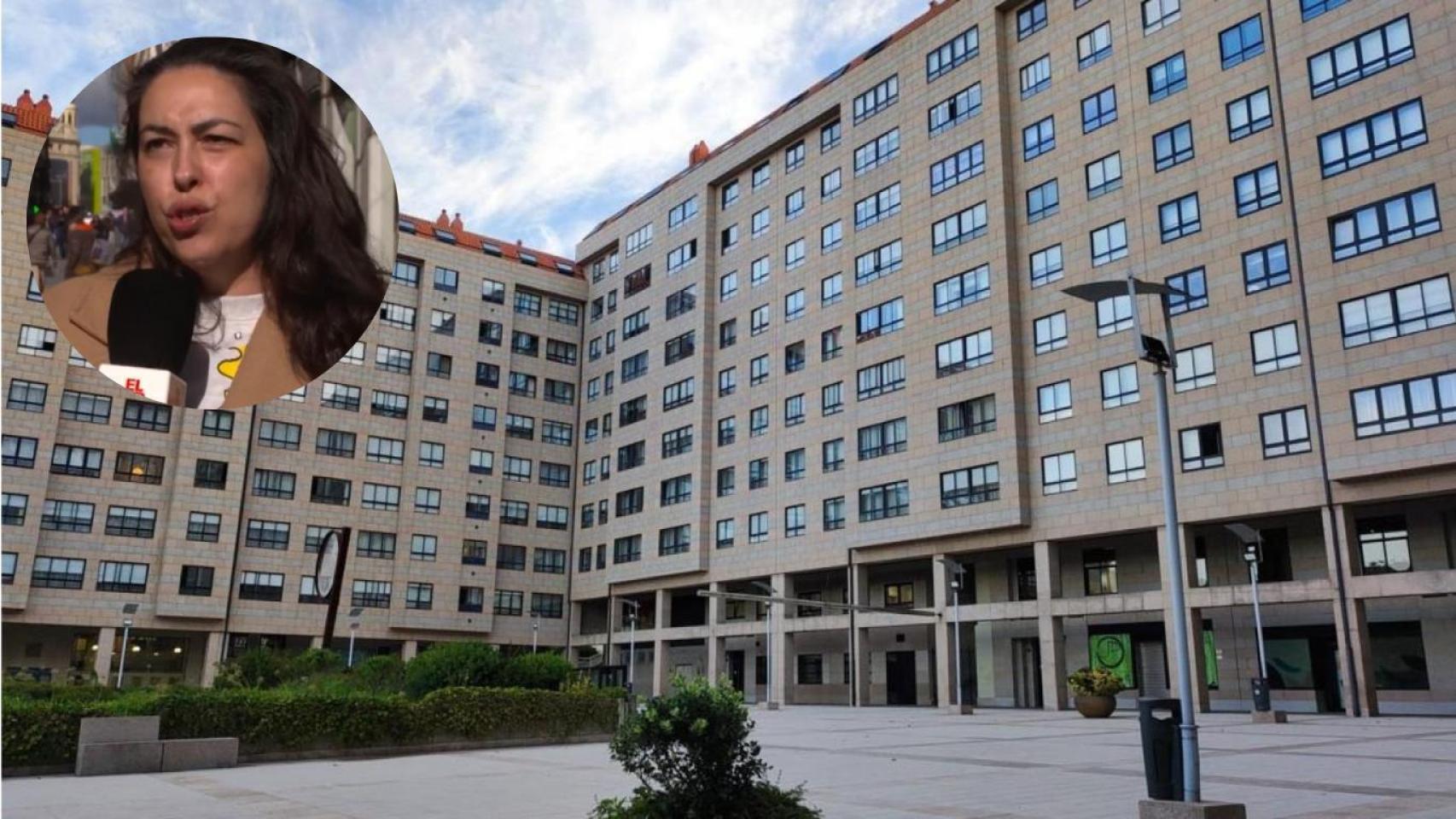 Fotomontaje de una joven y un bloque de viviendas en el centro de A Coruña.