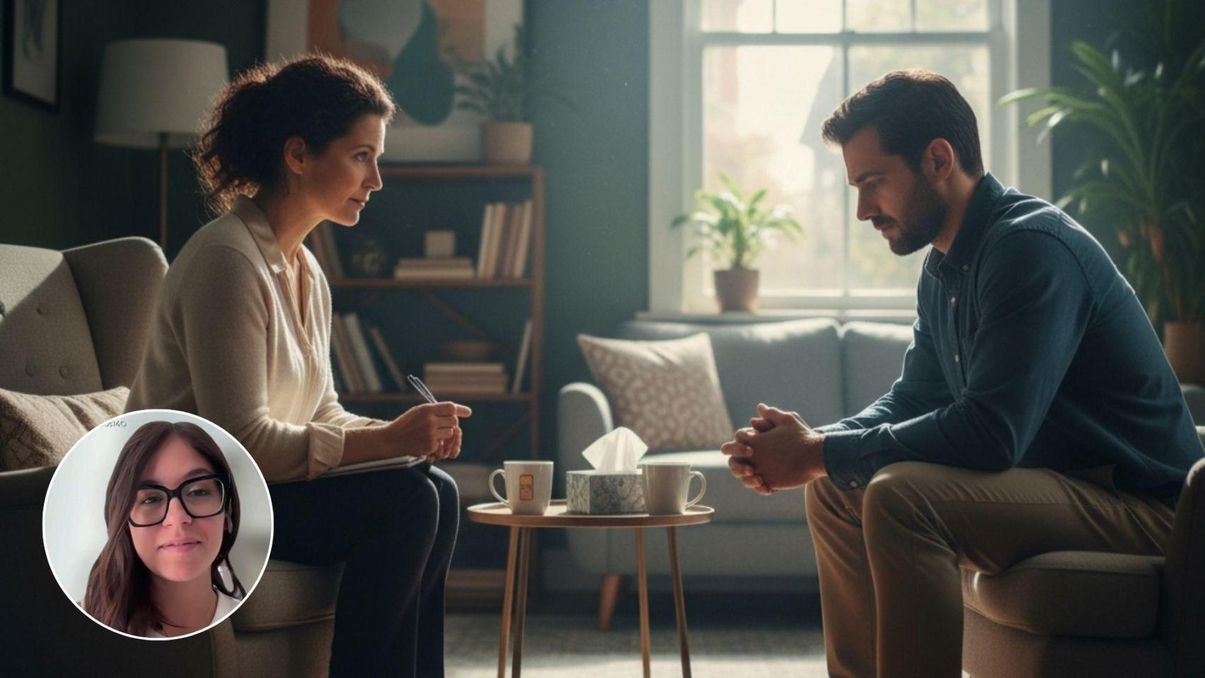 Imagen generada por IA de una psicóloga con un paciente y Lydia, psicóloga y autónoma.