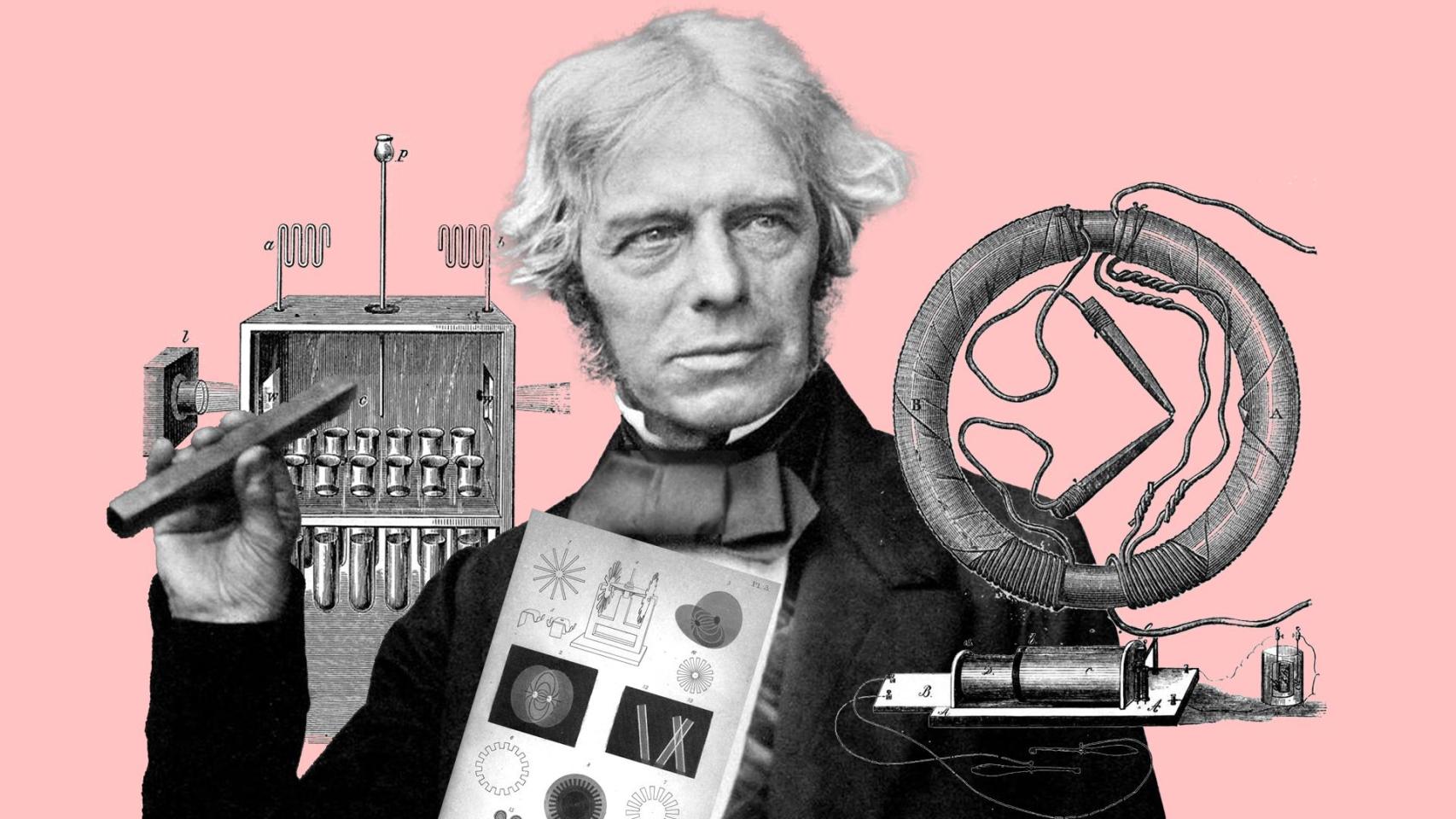 El científico británico Michael Faraday con varias de las herramientas empleadas durante sus estudios. Diseño: Rubén Vique