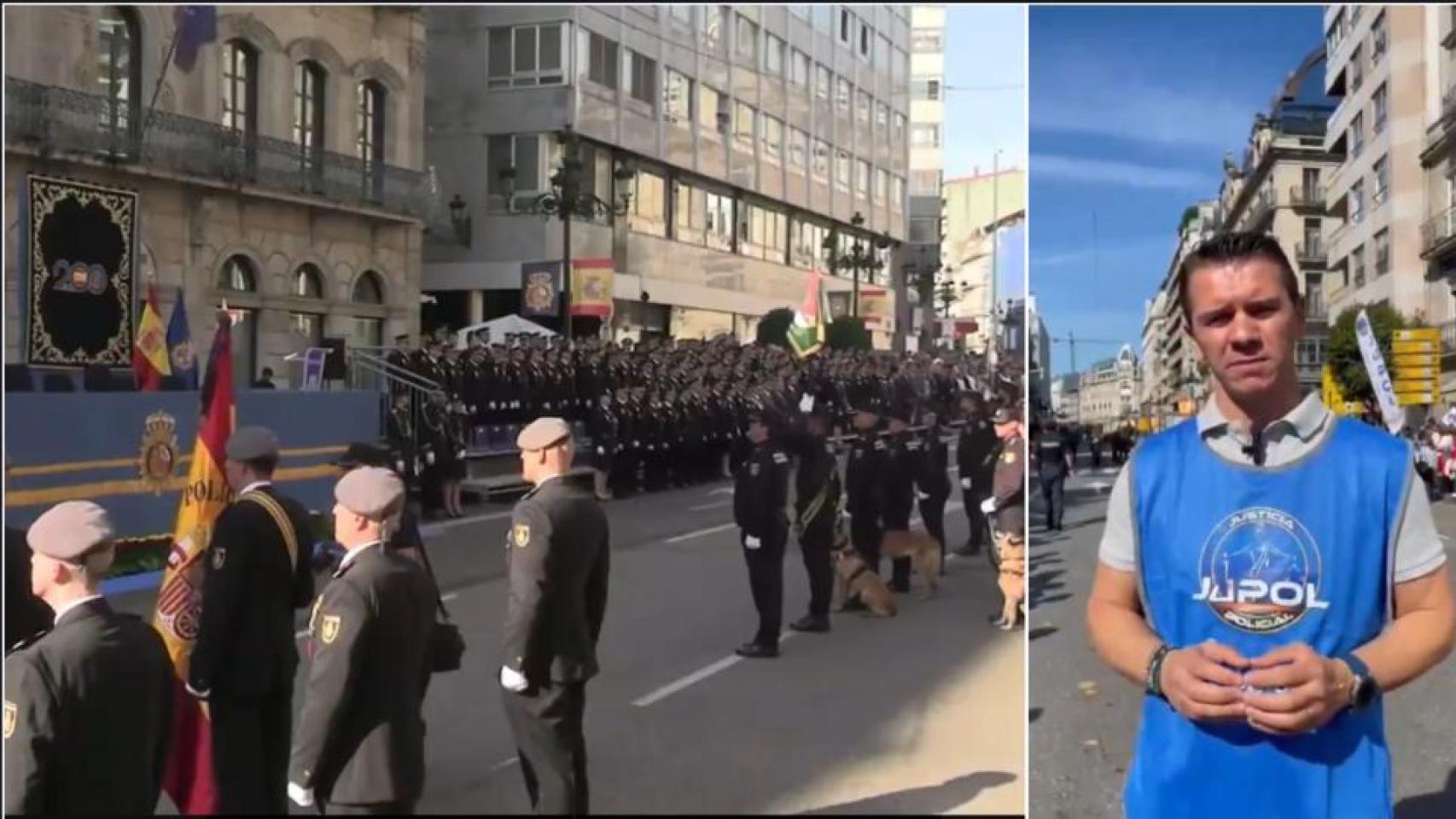 El acto de Vigo en el que se produjo el incidente y el secretario general de Jupol, Aarón Rivero.