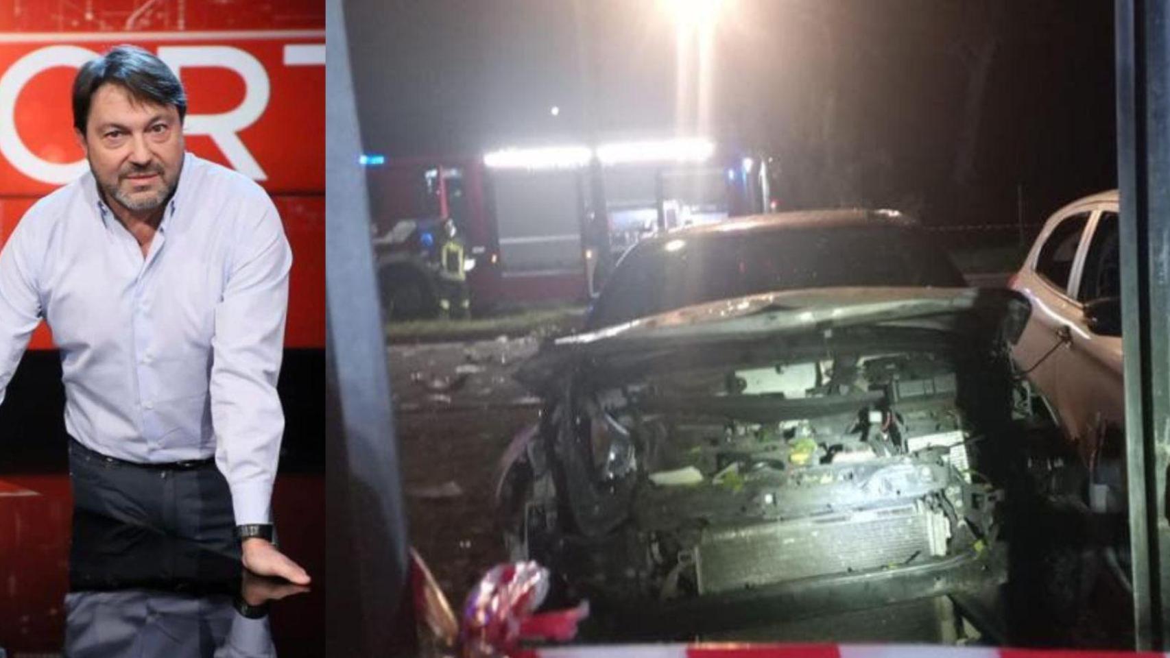 Sigfrido Ranucci y uno de sus coches, destrozados por una bomba.