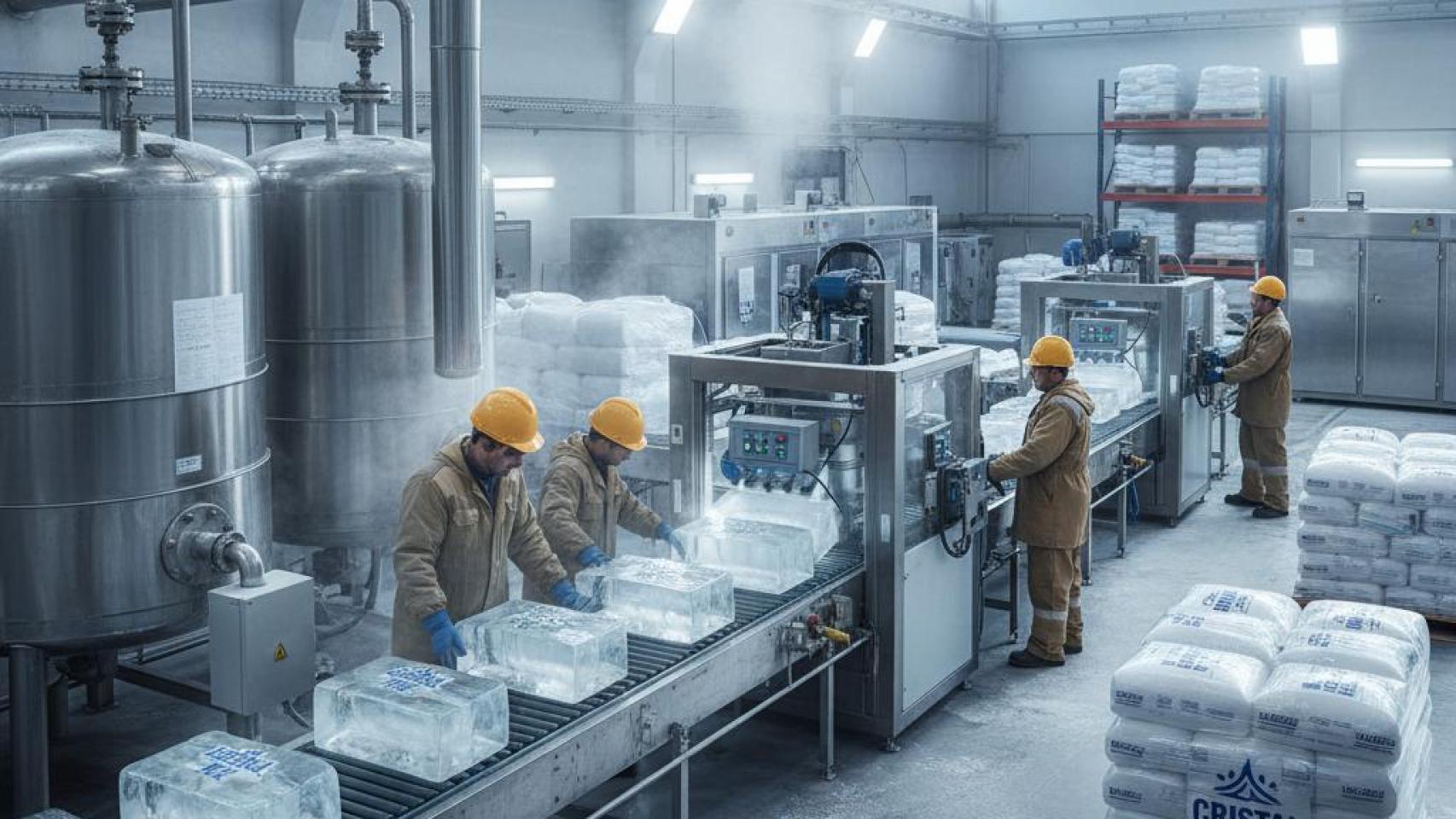 Imagen generada por IA de una fábrica de hielo.