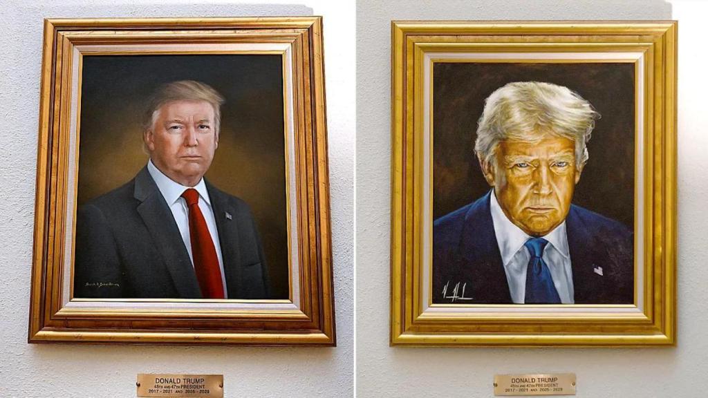 Los dos retratos de Trump en el Capitolio de Colorado: el de la derecha es el que permanece.