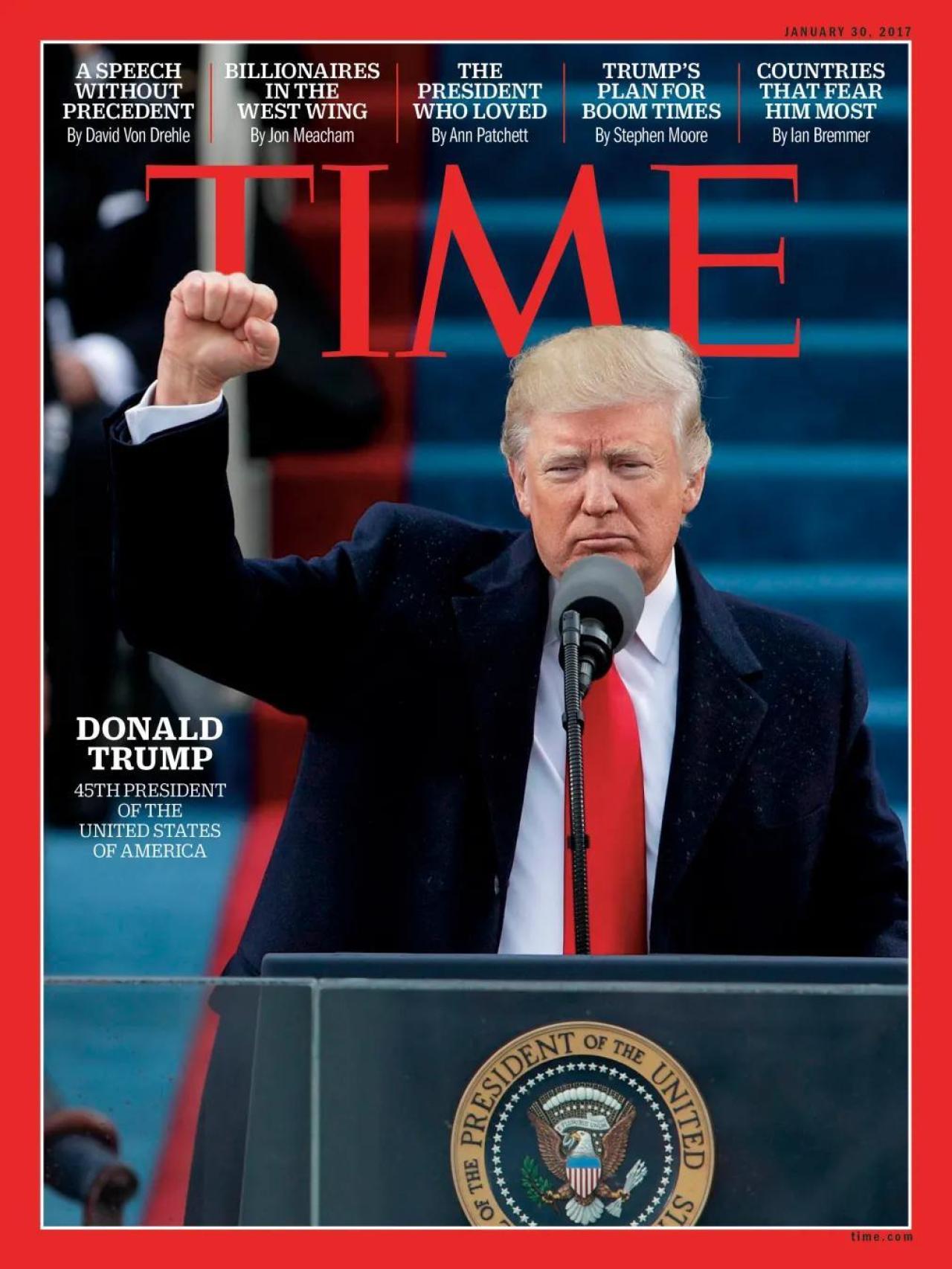 La portada de la revista Time recoge la primera toma de posesión de Donald Trump como presidente, en 2017.