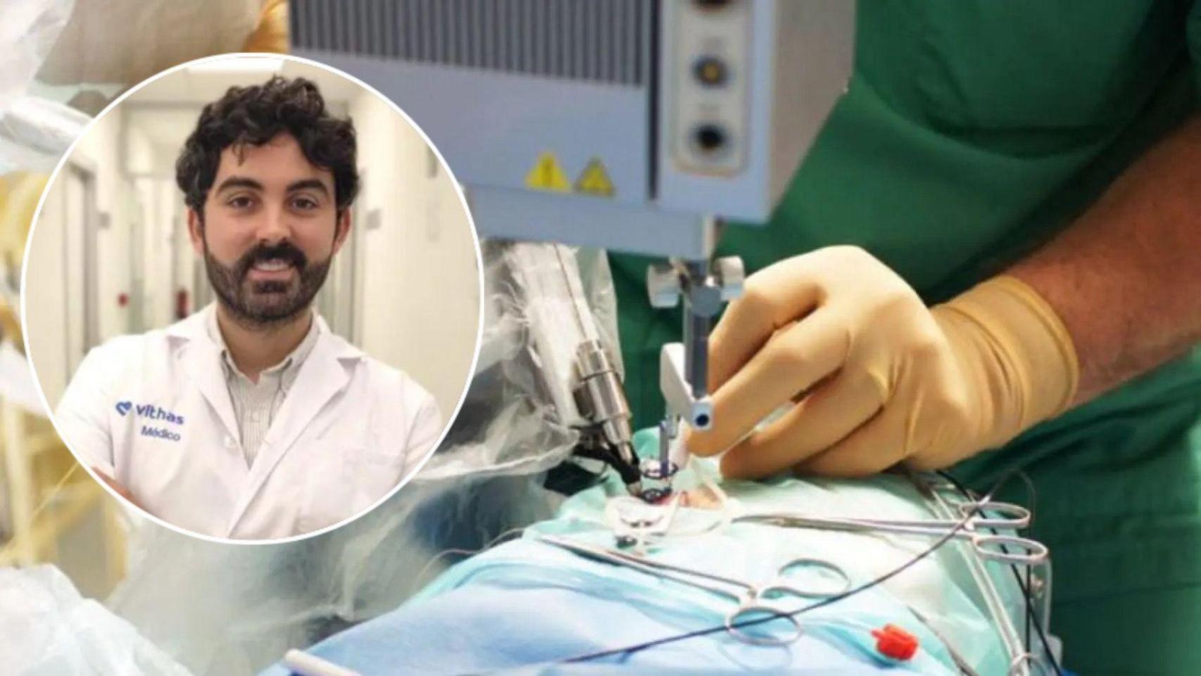 Montaje de una operación de cataratas y una foto del doctor Carlos Rocha.