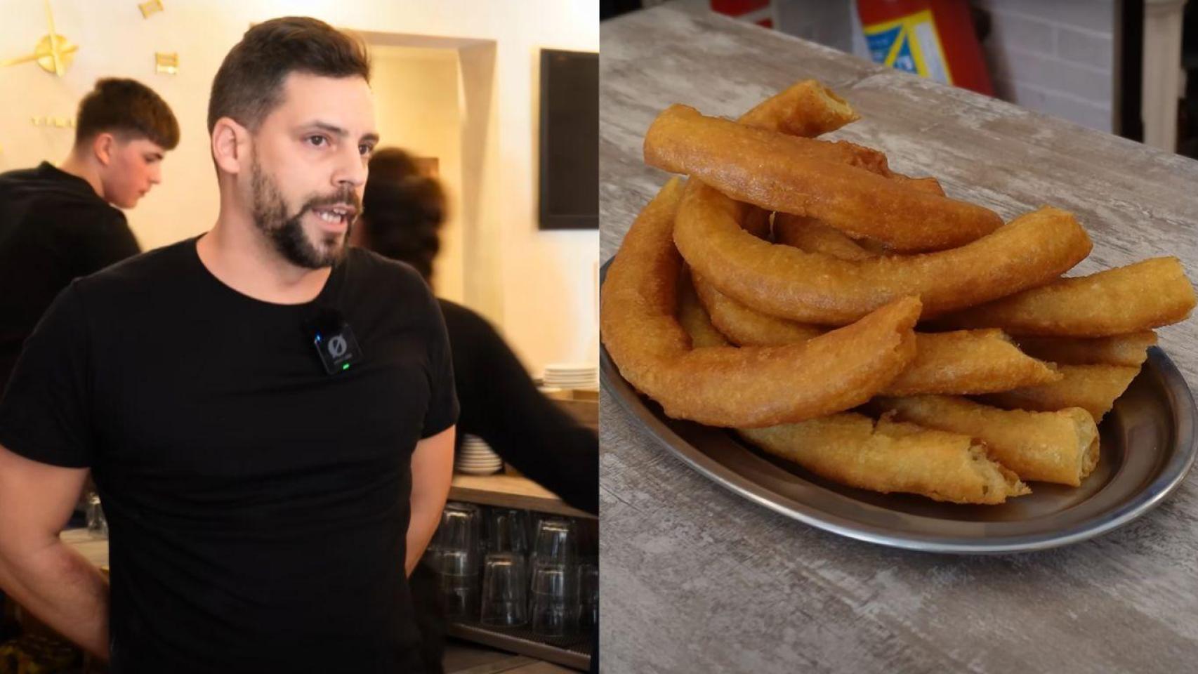 Montaje con Javier, gestor y dueño de la churrería, y churros de 'La Artesana'