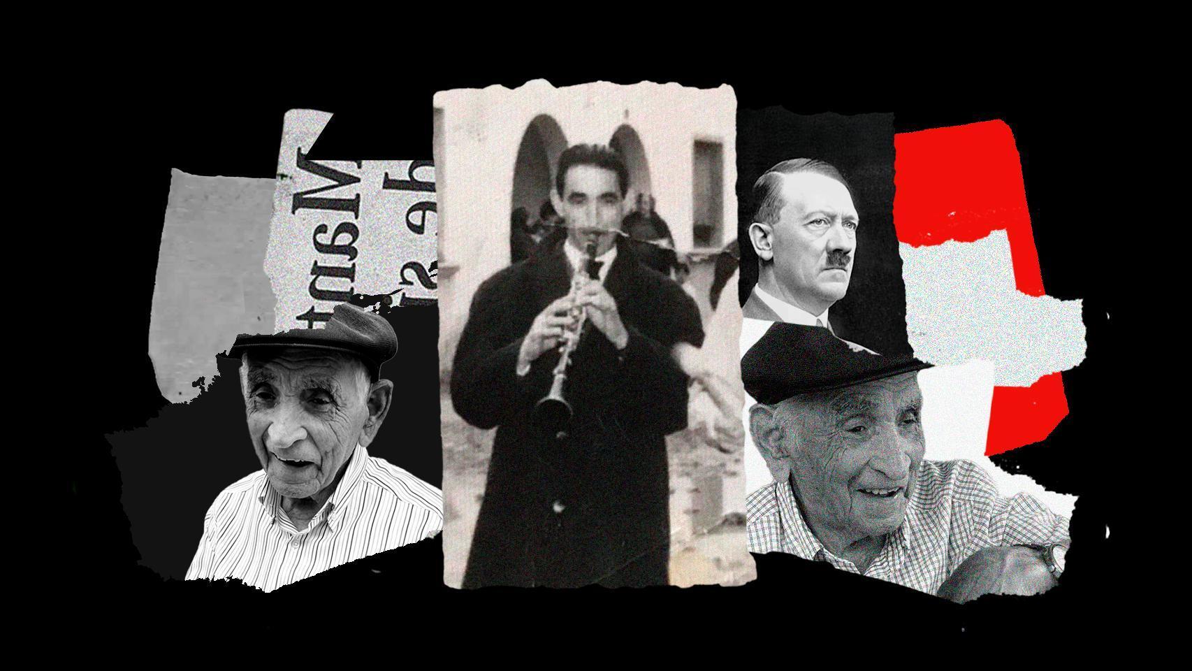 José Barea, en una imagen reciente y otra cuando trabajaba como músico, junto a una foto de Hitler.