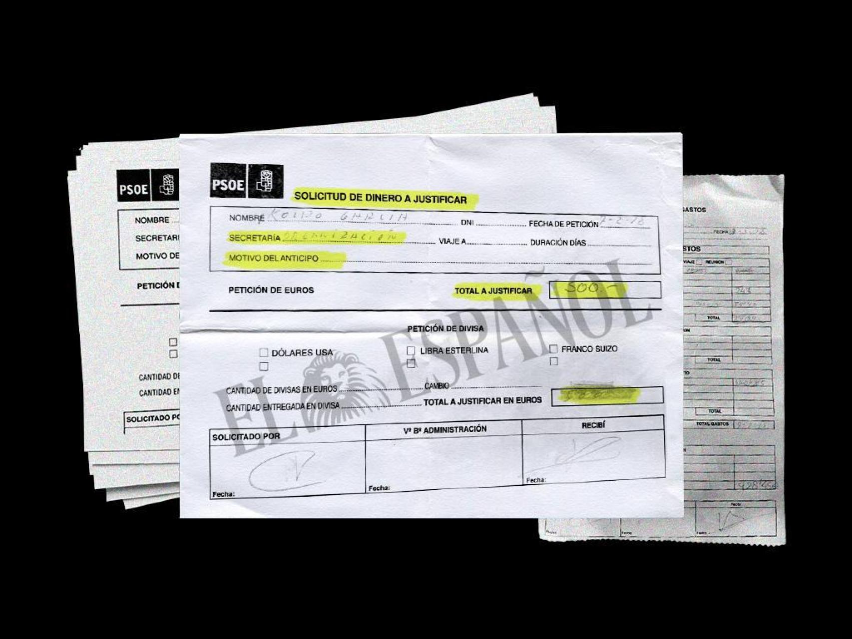 Documentos de los anticipos en efectivo del PSOE a Koldo García y otros cargos en los años 2017 y 2018.