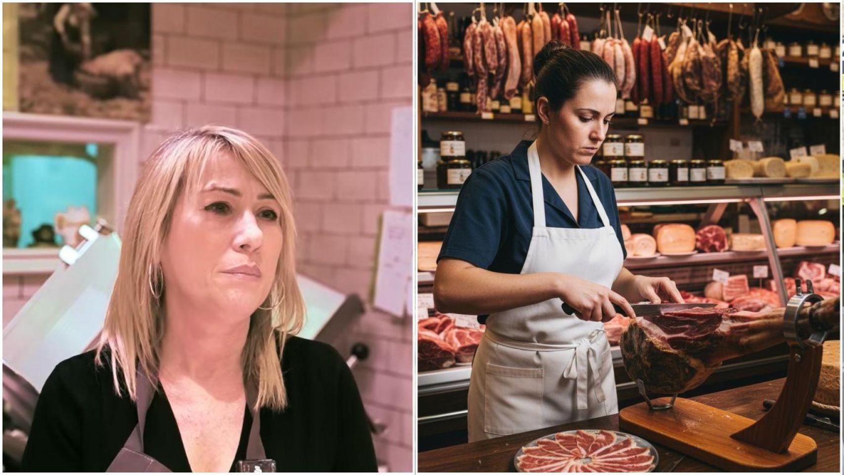Fotomontaje de Begoña Alós y una charcutera cortando jamón.