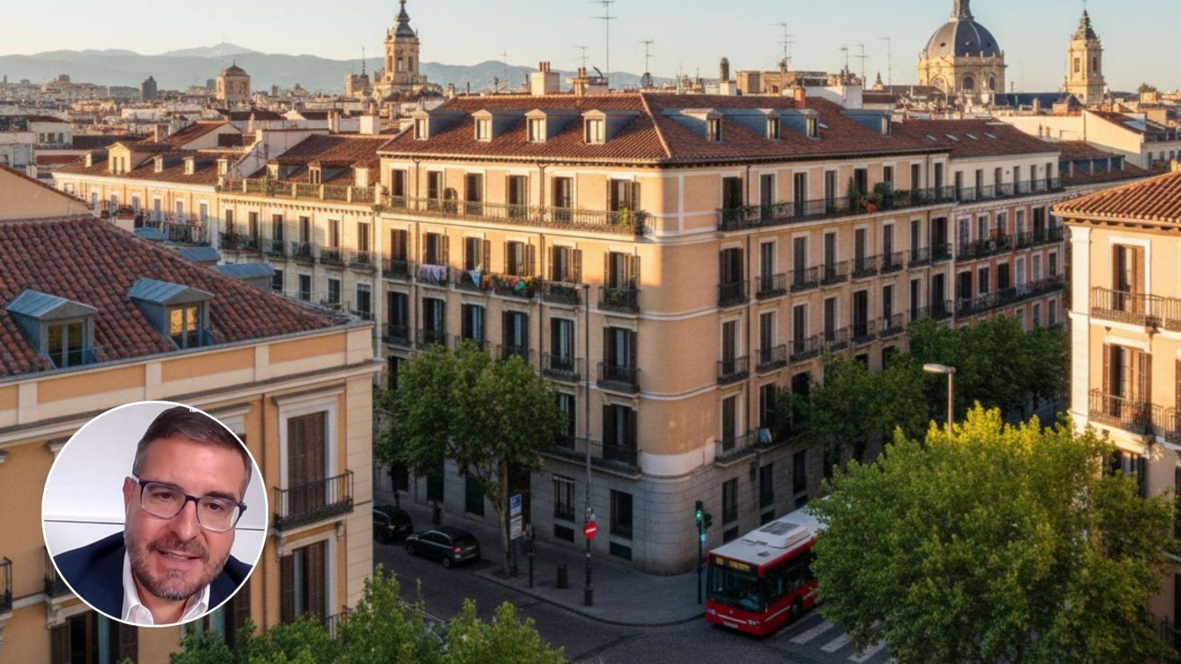 Imagen de Sergio Gutiérrez y una imagen generada por IA de varias viviendas en Madrid.