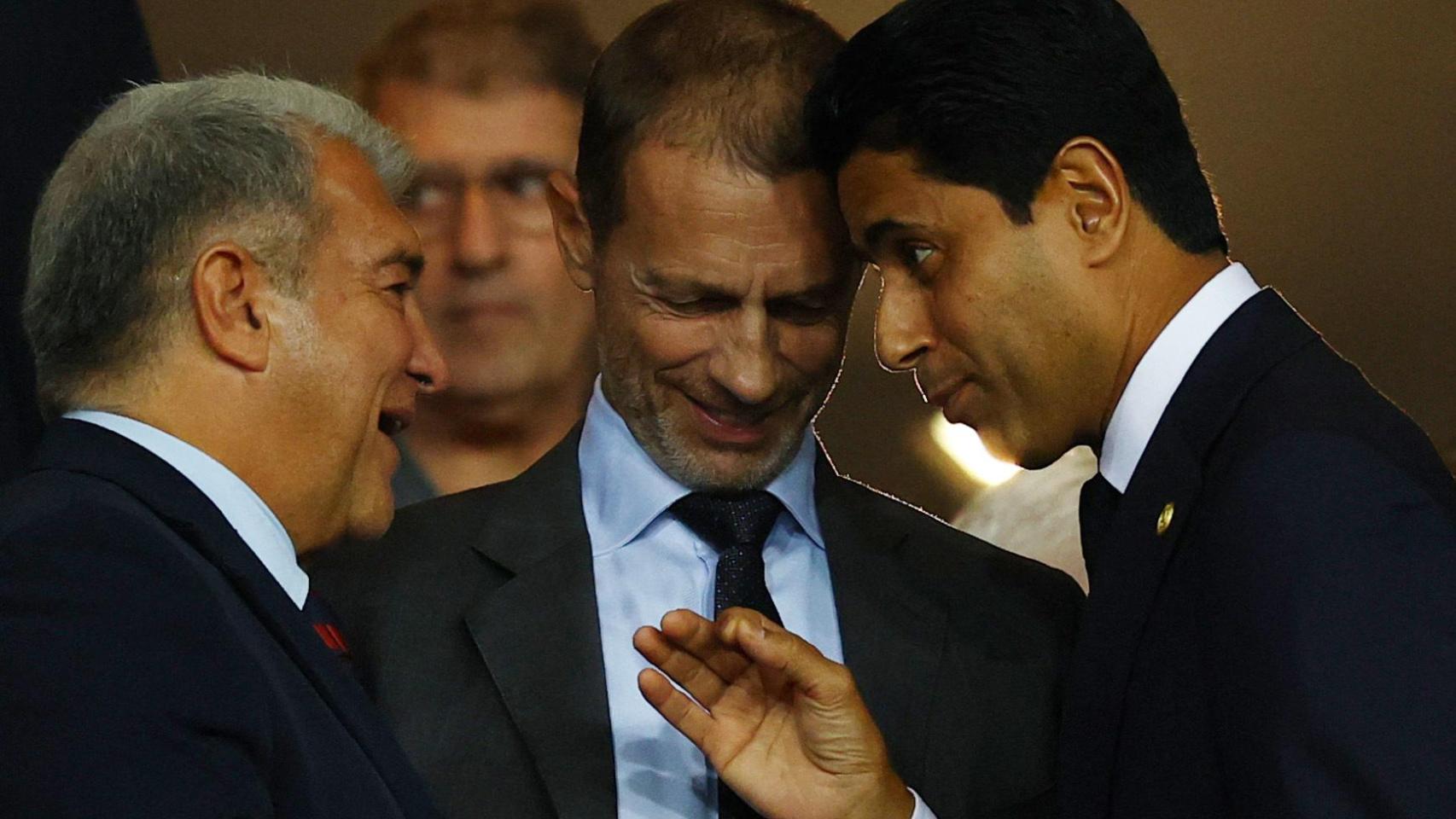 Joan Laporta, Aleksander Ceferin y Nasser Al-Khelaifi