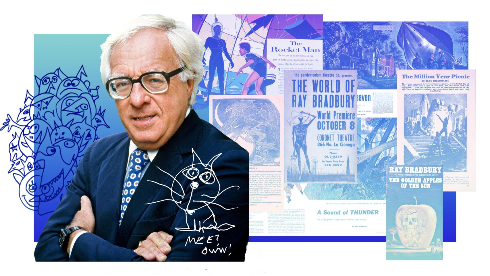El escritor Ray Bradbury junto a las portadas de varios de sus recopilatorios y unas ilustraciones de su autoría. Diseño: Rubén Vique