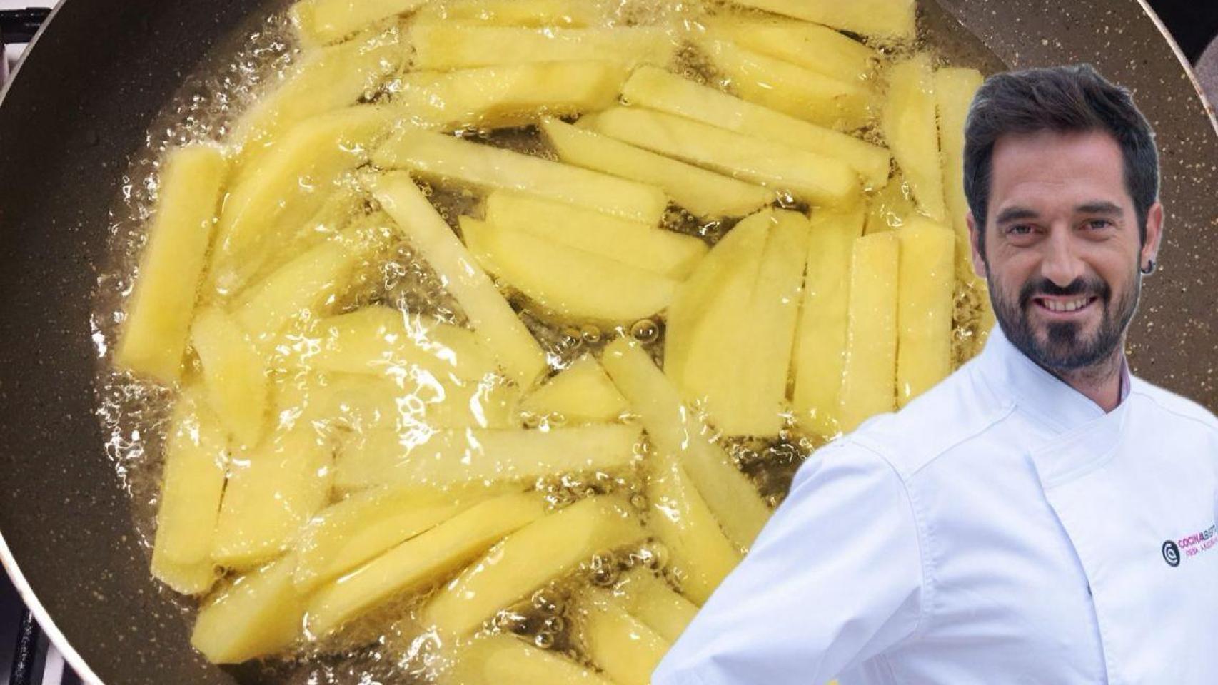 Unas patatas friéndose junto al chef Joseba Arguiñano.