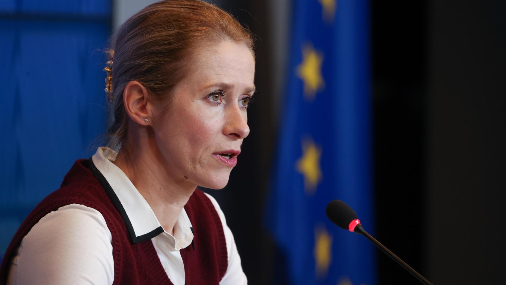 La jefa de la diplomacia de la UE, Kaja Kallas, durante la rueda de prensa de este lunes en Luxemburgo