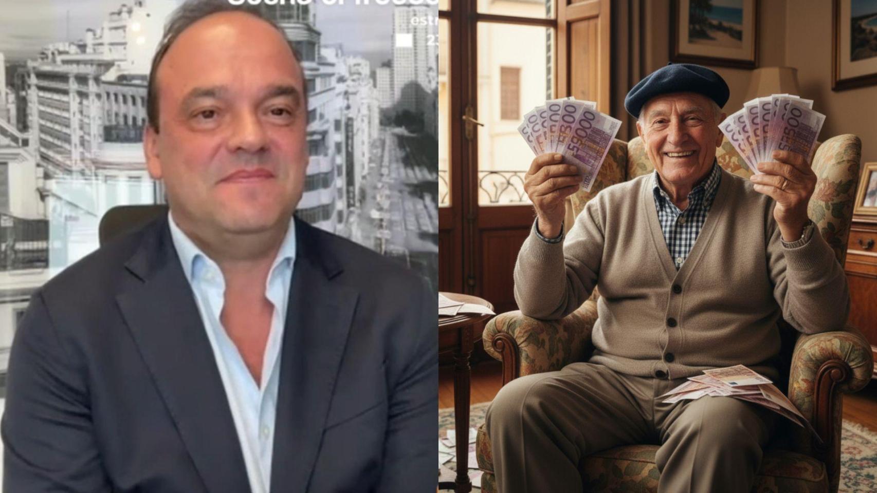 Imagen de José Carlos Díez y de un jubilado con su dinero.