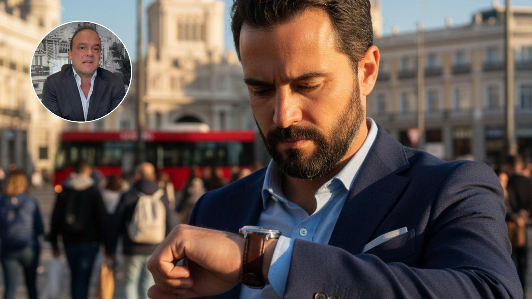 Imagen generada por IA de un hombre mirando su reloj y José Carlos Díez.