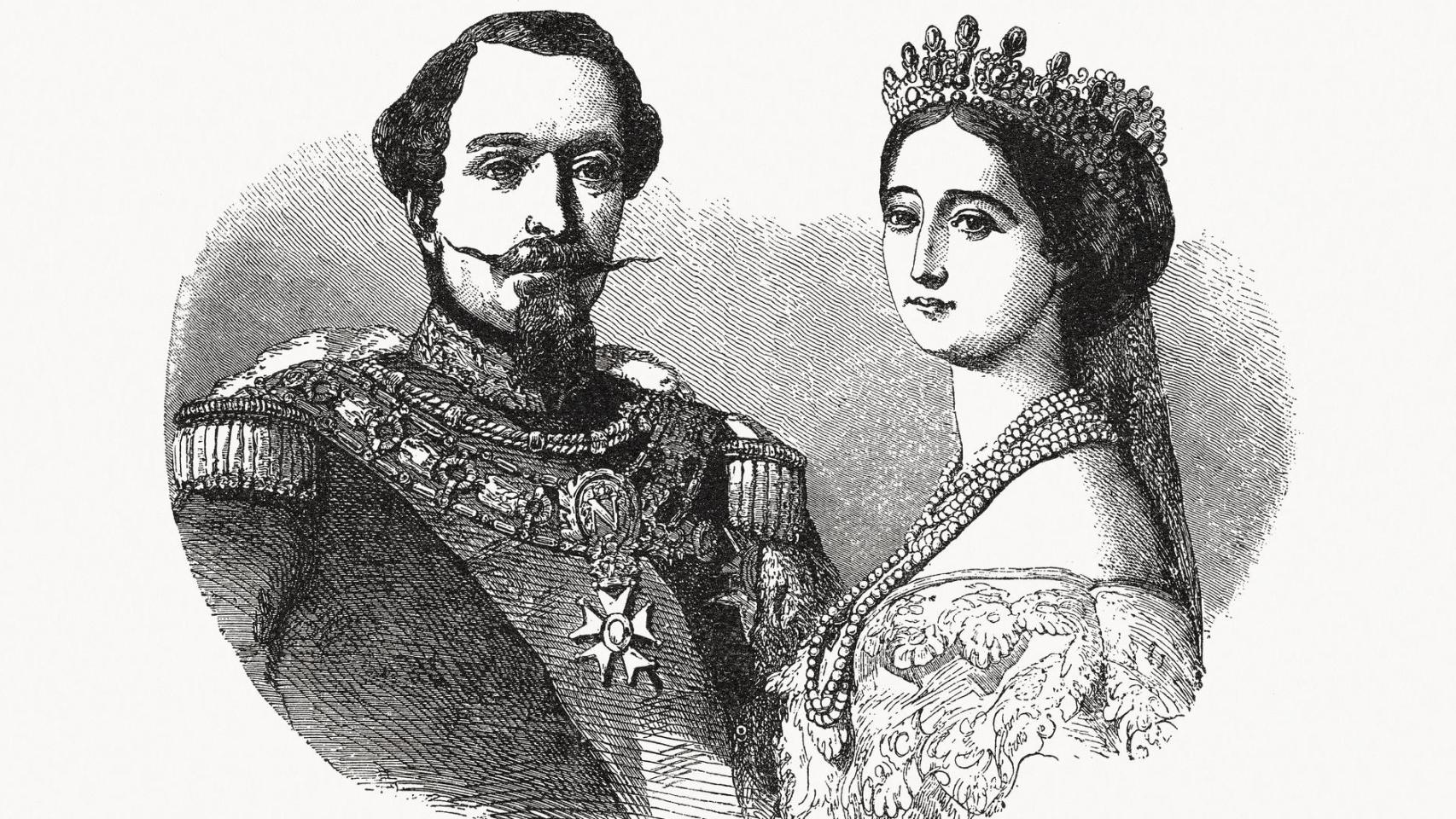 Napoleón III y Eugenia, grabado en madera, publicado en 1900.
