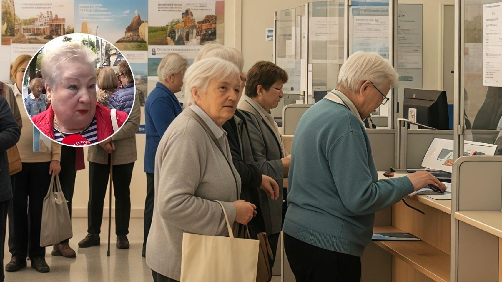La jubilada entrevistada y un grupo de pensionistas en una oficina generados con IA.