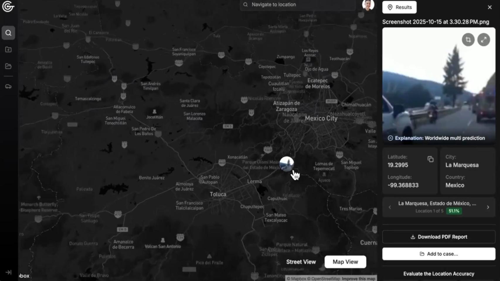 La IA Geospy localizando una imagen capturada de un vídeo del cartel en Telegram.