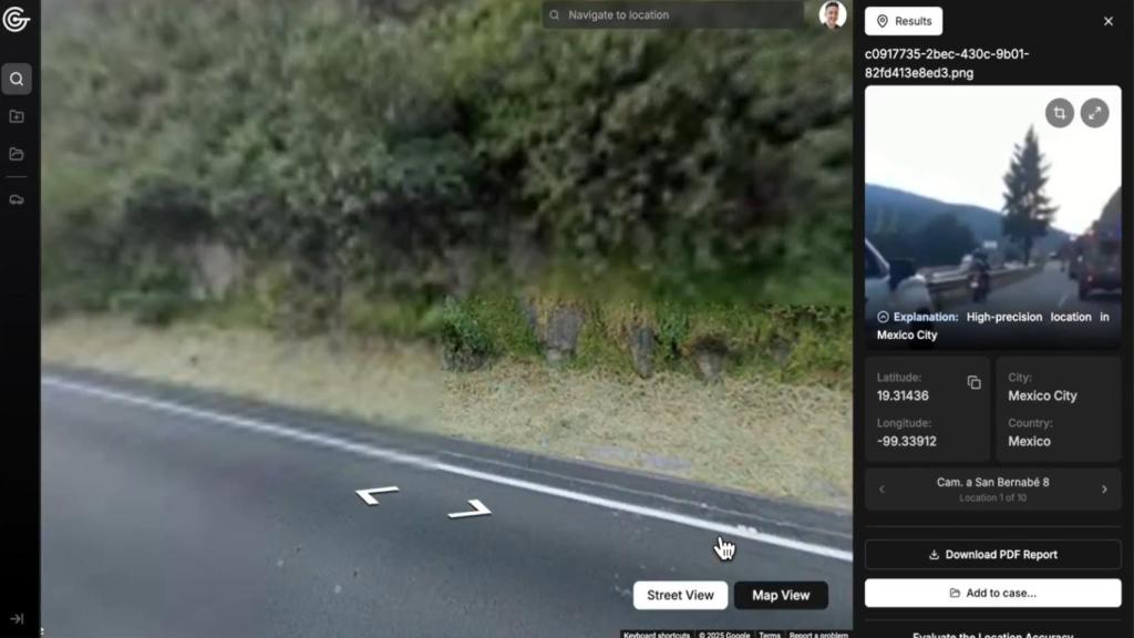 La IA Geospy localizando una imagen capturada de un vídeo del cartel en Telegram.