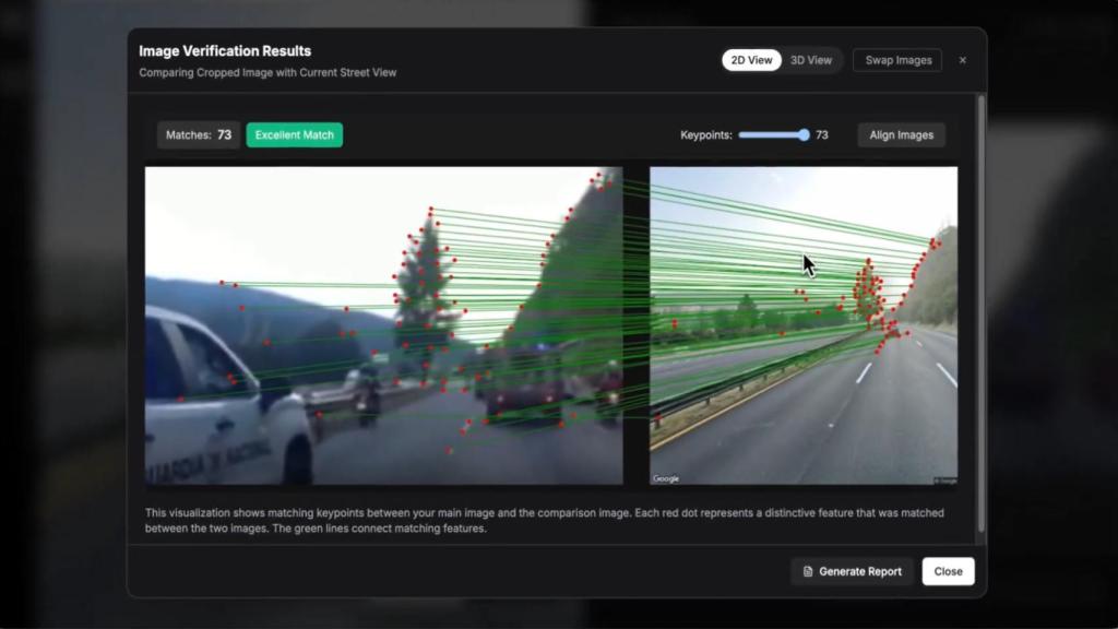 La IA Geospy localizando una imagen capturada de un vídeo del cartel en Telegram.
