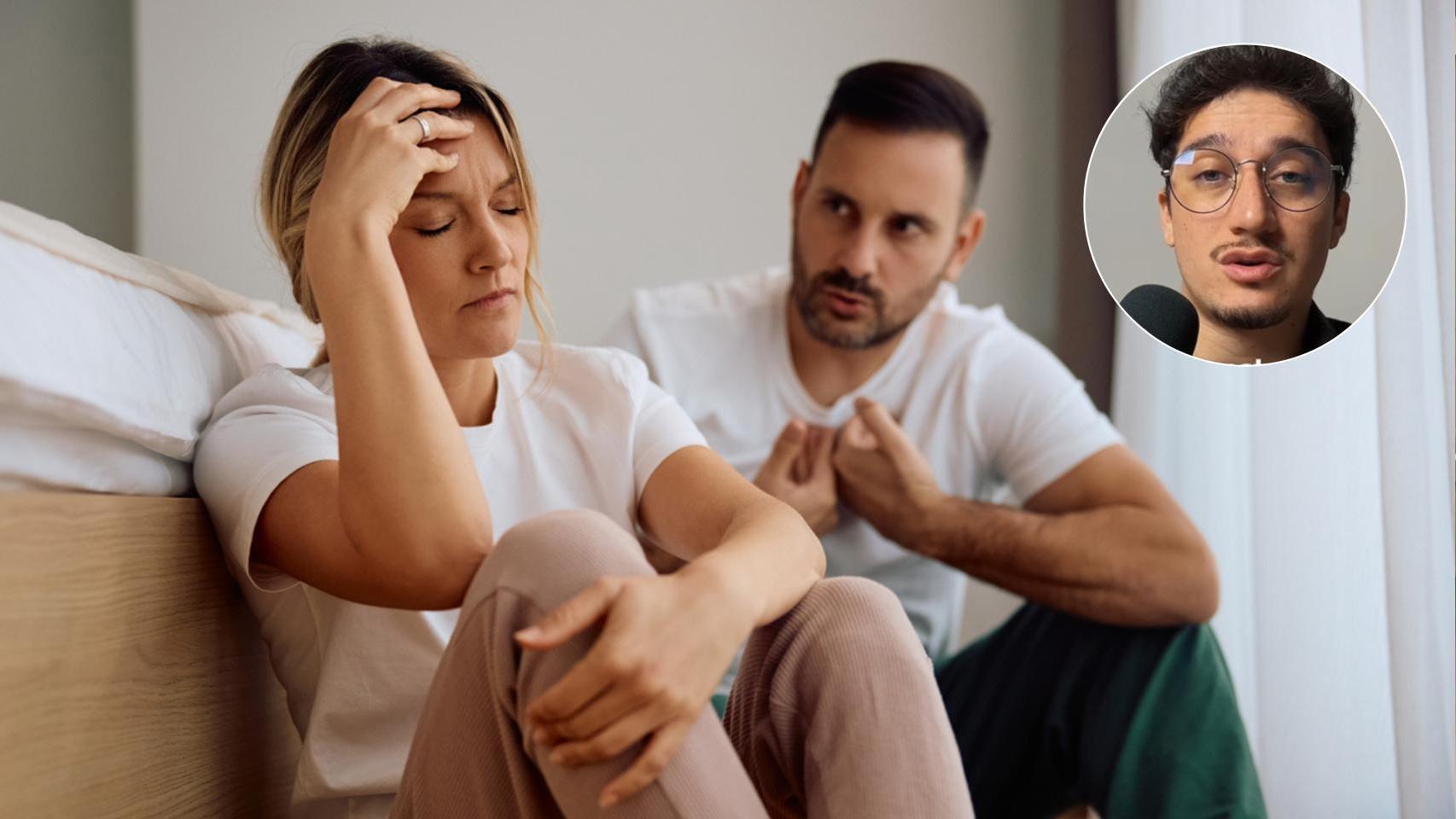 Pareja discutiendo y el experto Nicolás Salcedo.