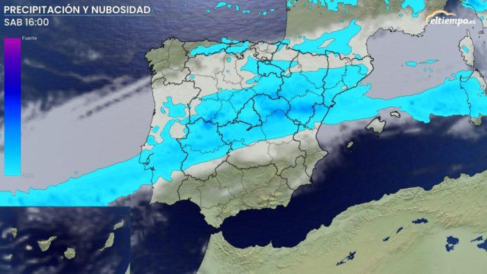 Precipitaciones previstas para el sábado. Mapa: Eltiempo.es