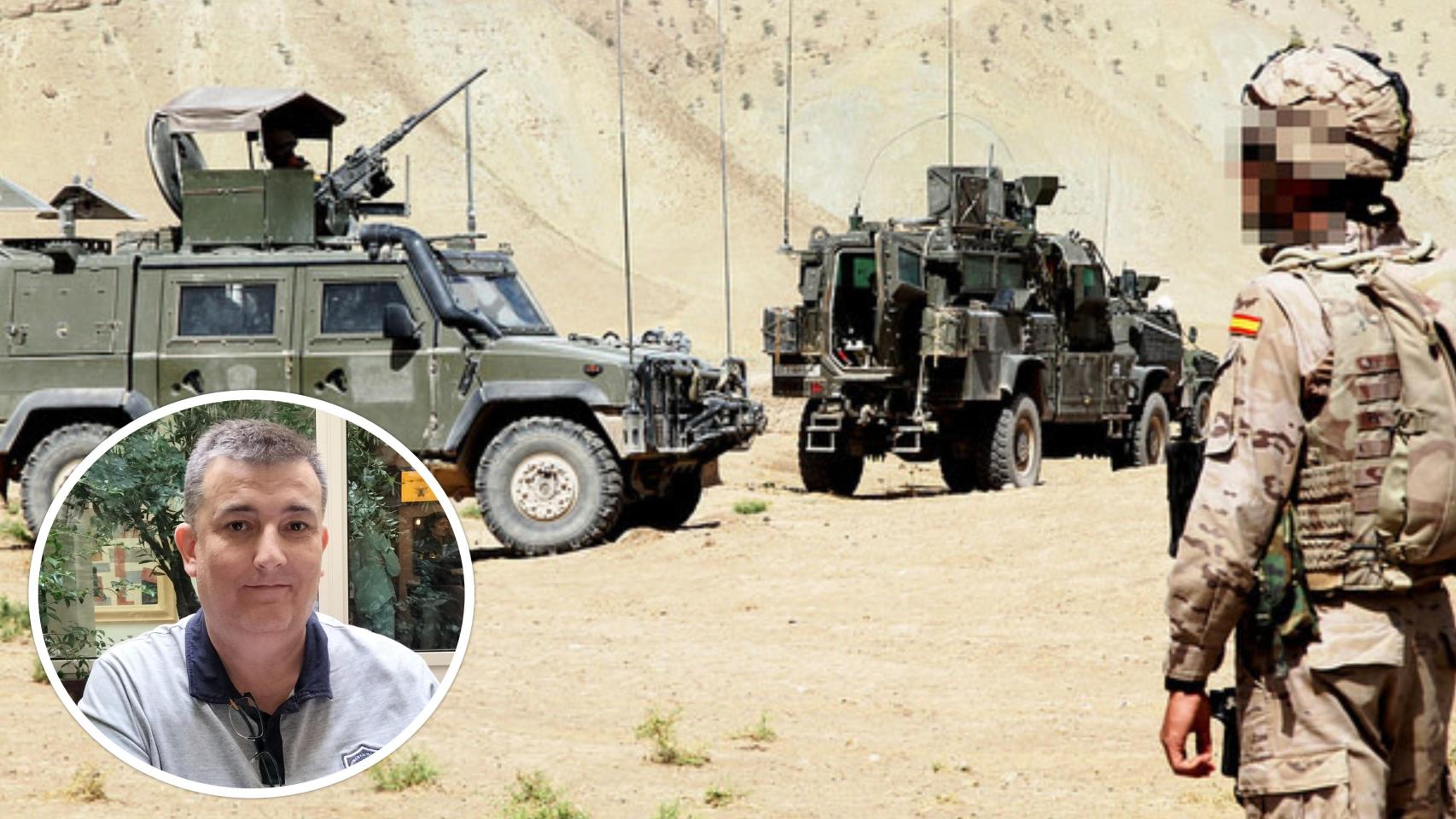 Imagen de archivo de un soldado del Ejército español y, en el círculo, el militar destinado en Valladolid y secretario general de Aume, Iñaki Unibaso