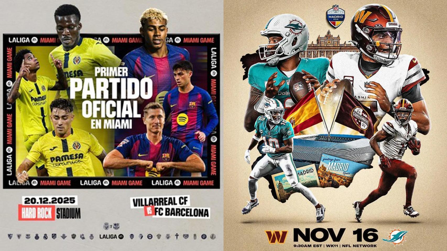 Cartel promocional del partido de La Liga en Miami y el de la NFL en el Bernabéu