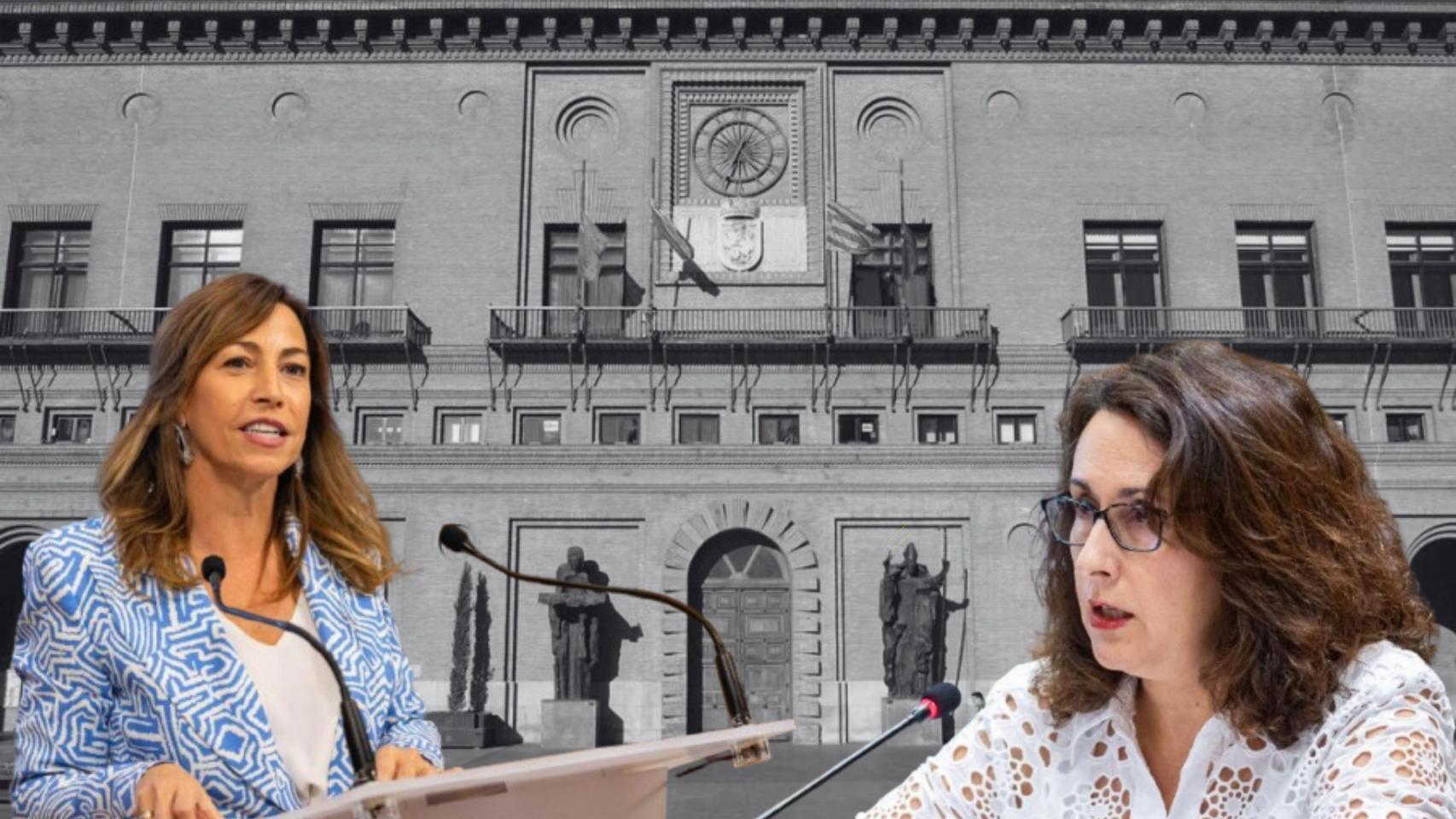 Natalia Chueca, alcaldesa de Zaragoza, a la izquierda y Eva Torres (Vox) a la derecha.