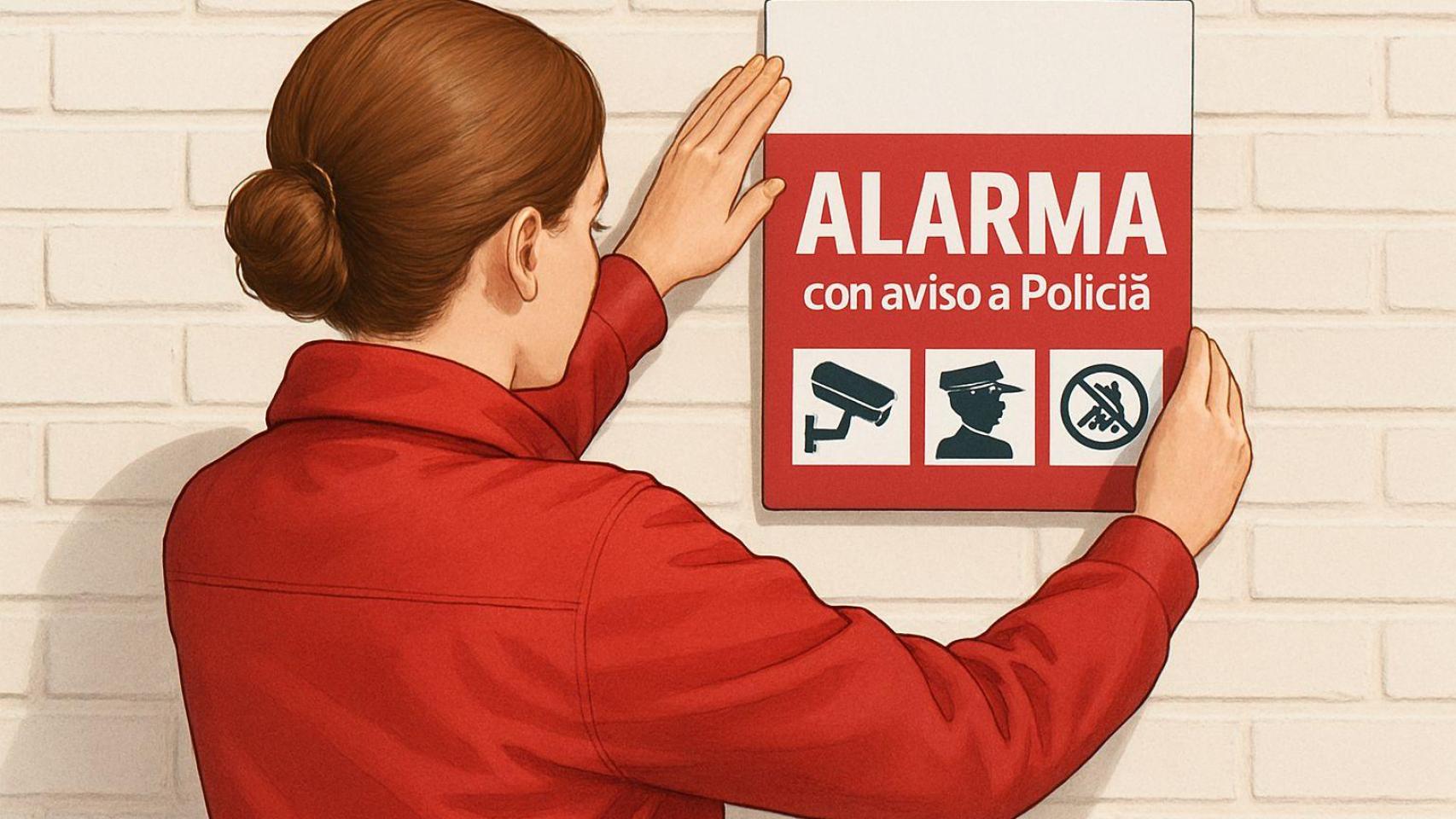 Recreación de imagen: una mujer colocando un cartel de alarma.