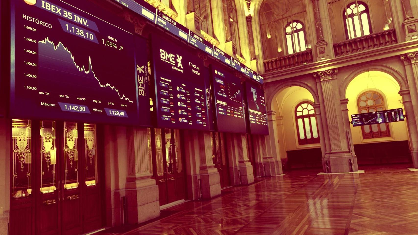 Un panel informativo en el Palacio de la Bolsa de Madrid