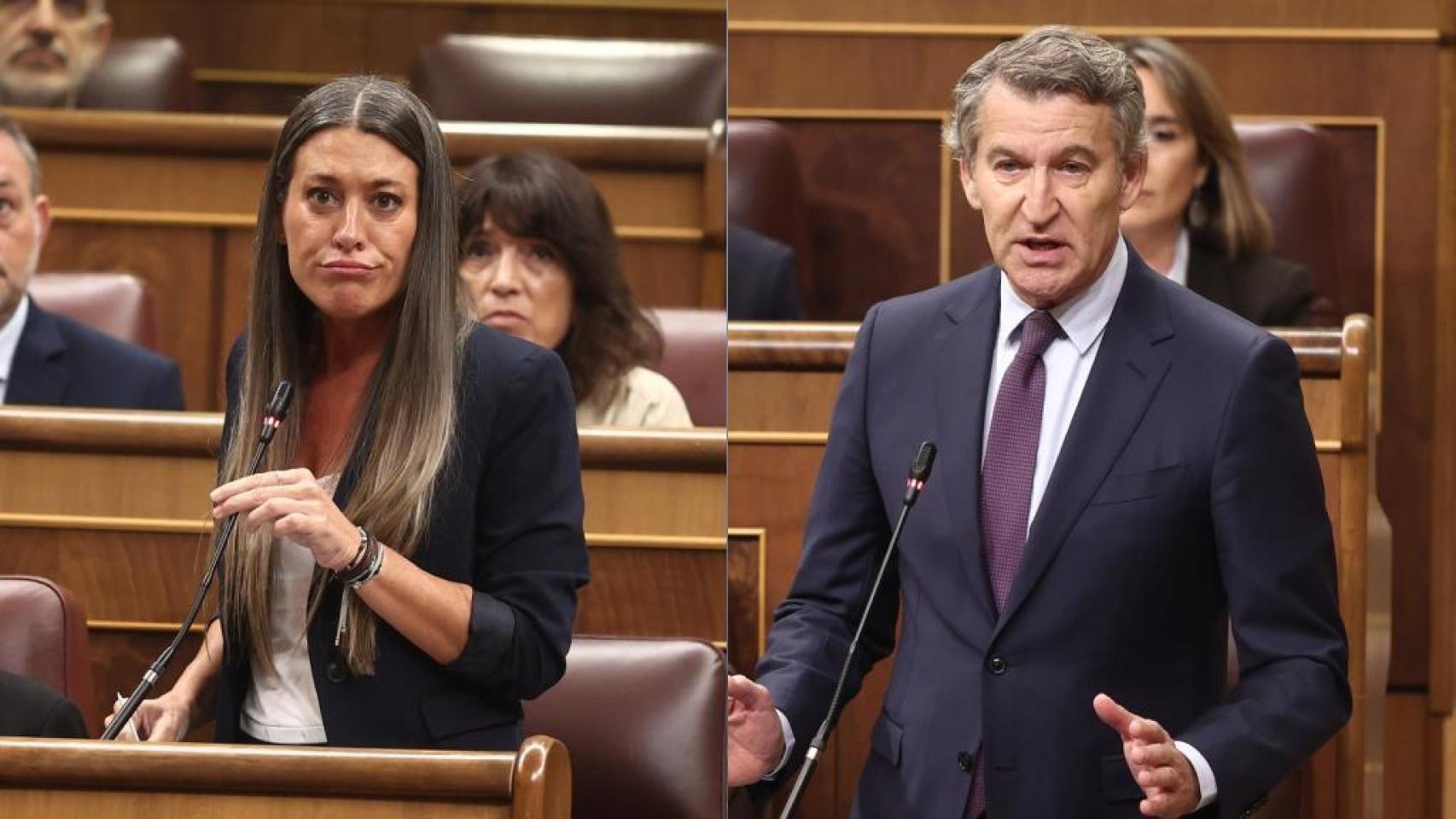 La portavoz de Junts, Míriam Nogueras (i) y el líder del PP, Alberto Núñez Feijóo (d).