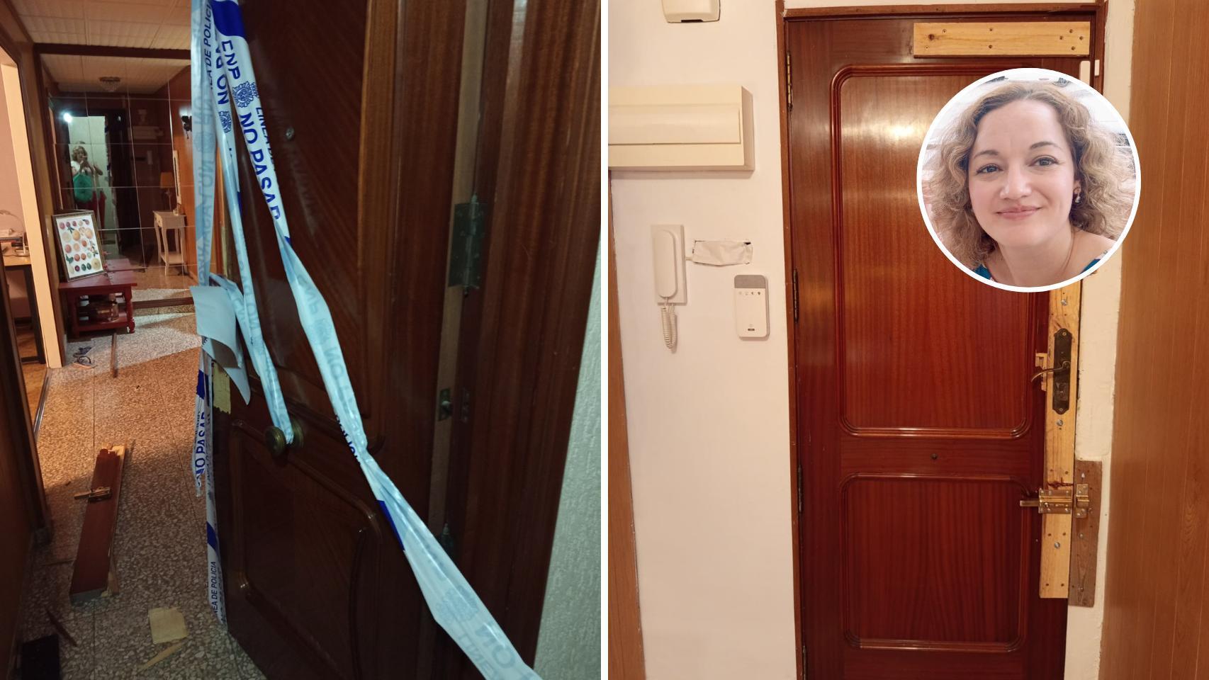 Estado de la puerta antes y después, y una imagen de la alicantina afectada.