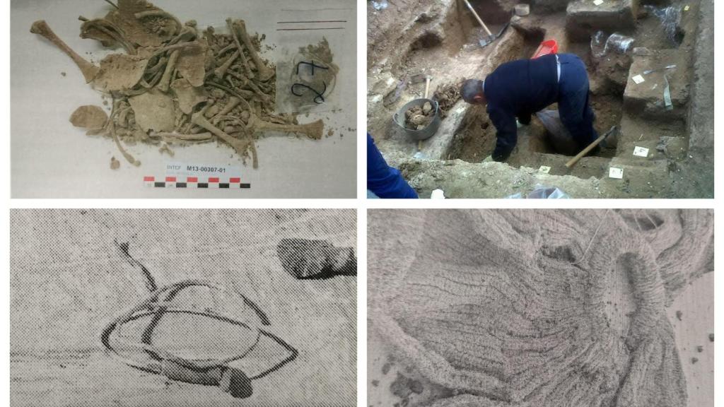 En la imagen los restos óseos de la hermana, el proceso de exhumación, el catéter y el vestido que hizo Vicenta.