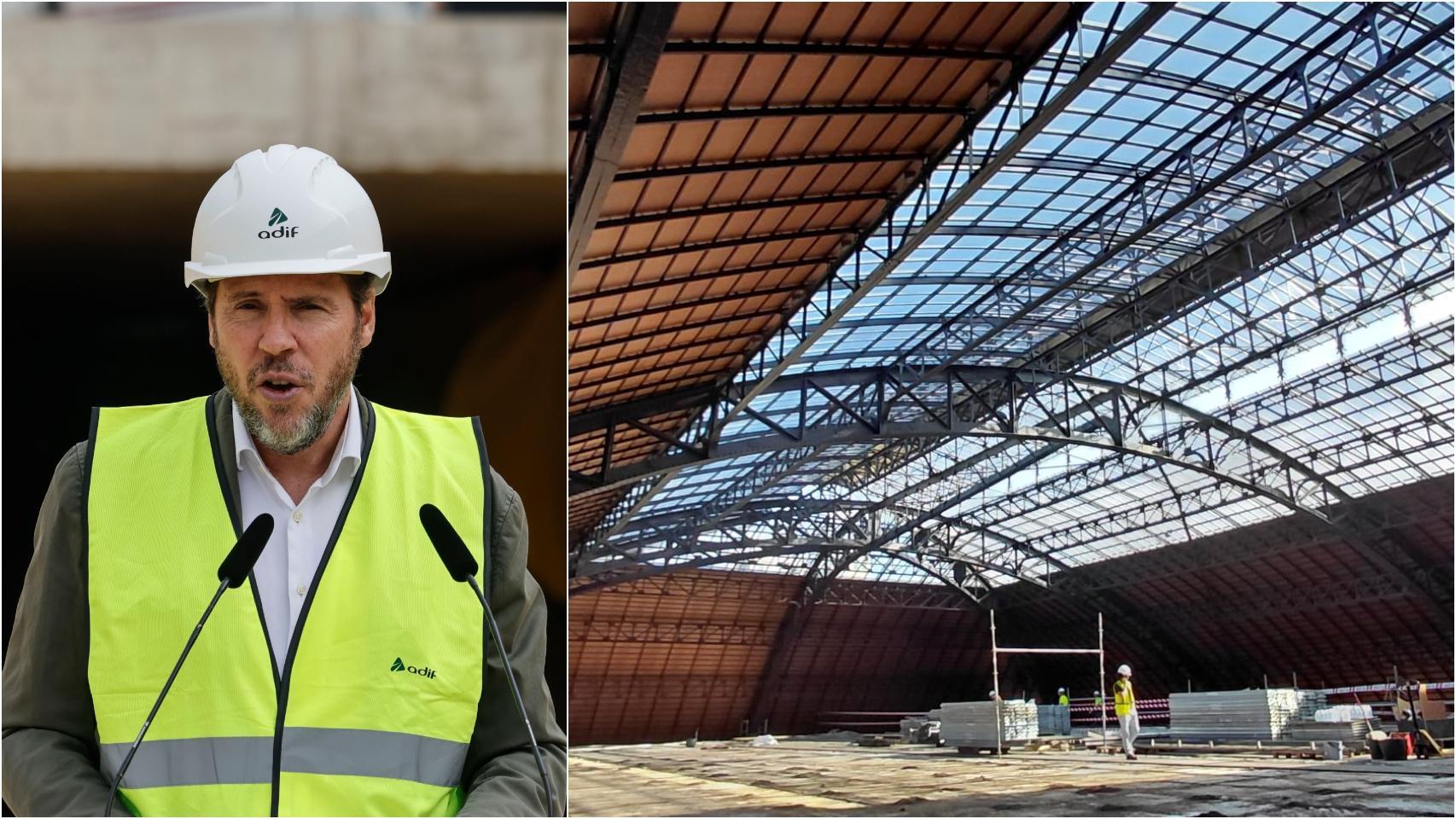 A la izquierda, Óscar Puente, ministro de Transportes; a la derecha, obras en la estación del Nord de Valencia. EE