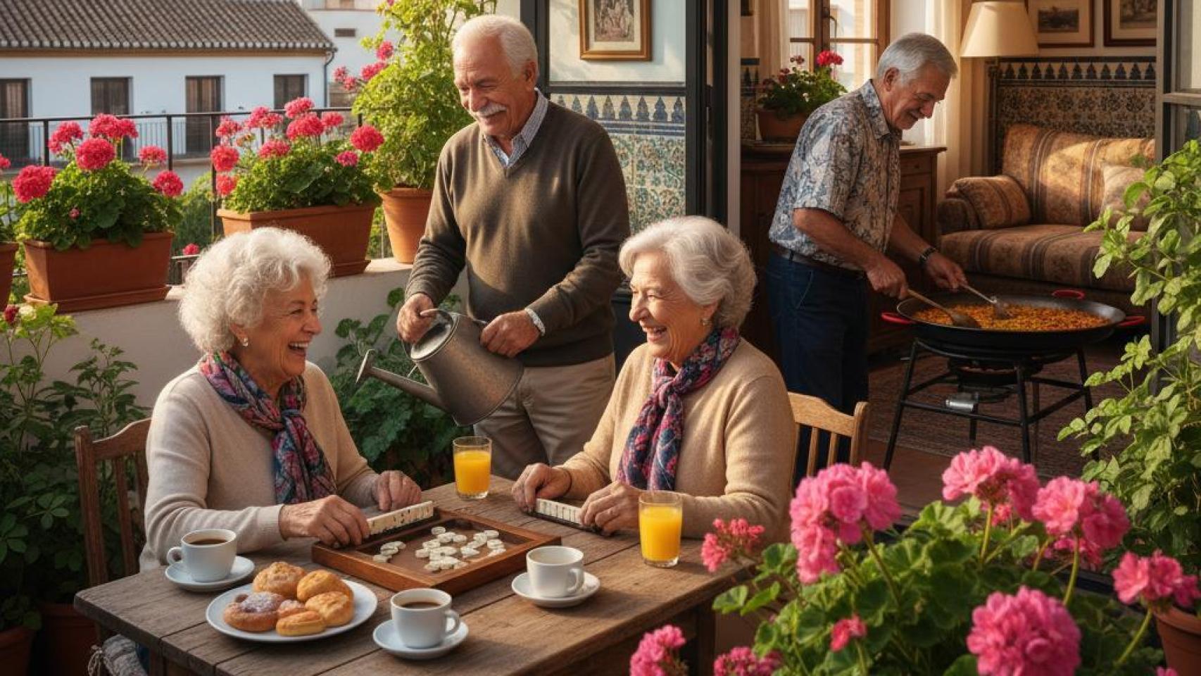Imagen generada por IA de varios jubilados compartiendo piso.
