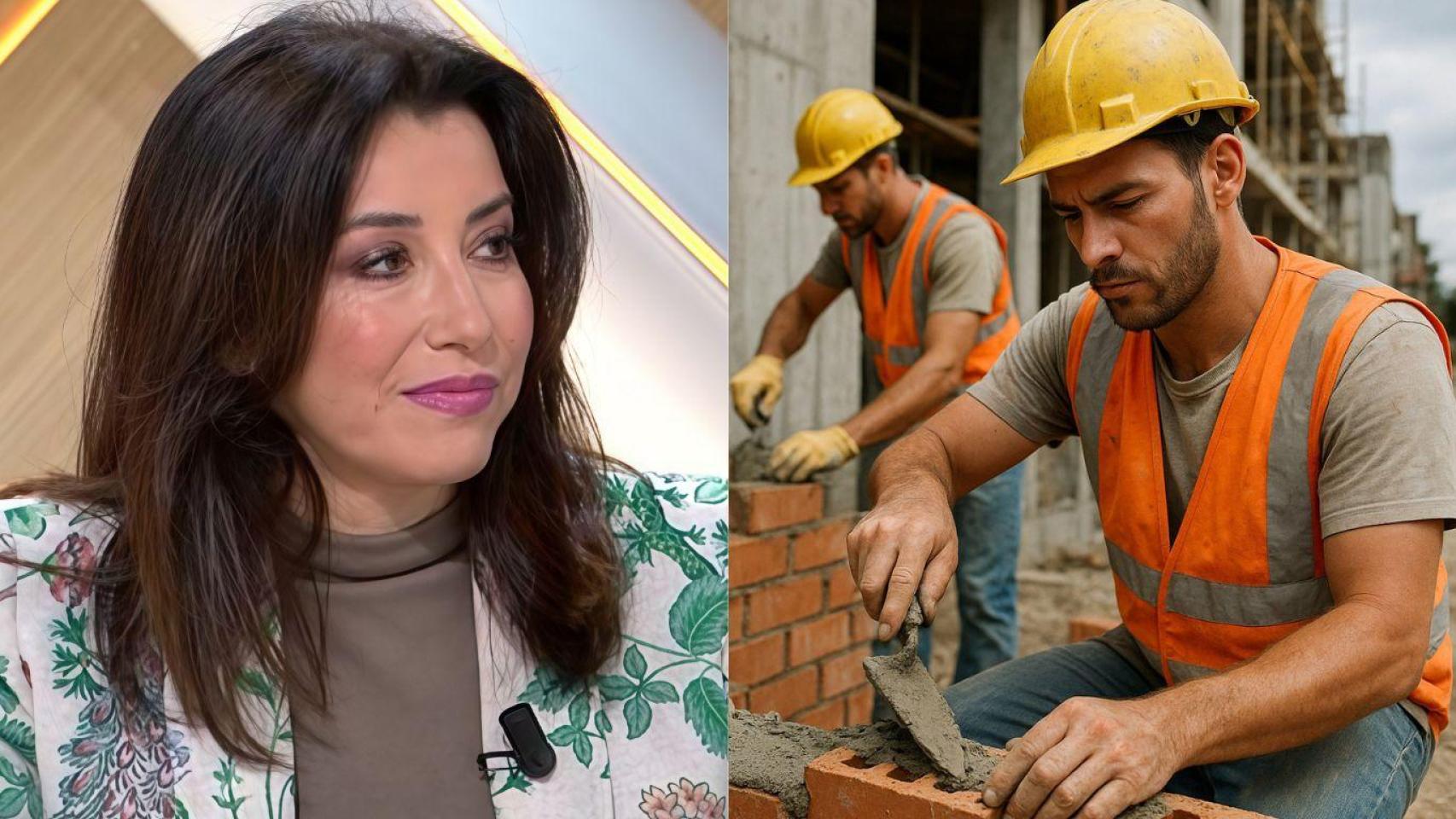 Montaje con Patricia Hérnandez, experta inmobiliaria y un albañil generado por IA