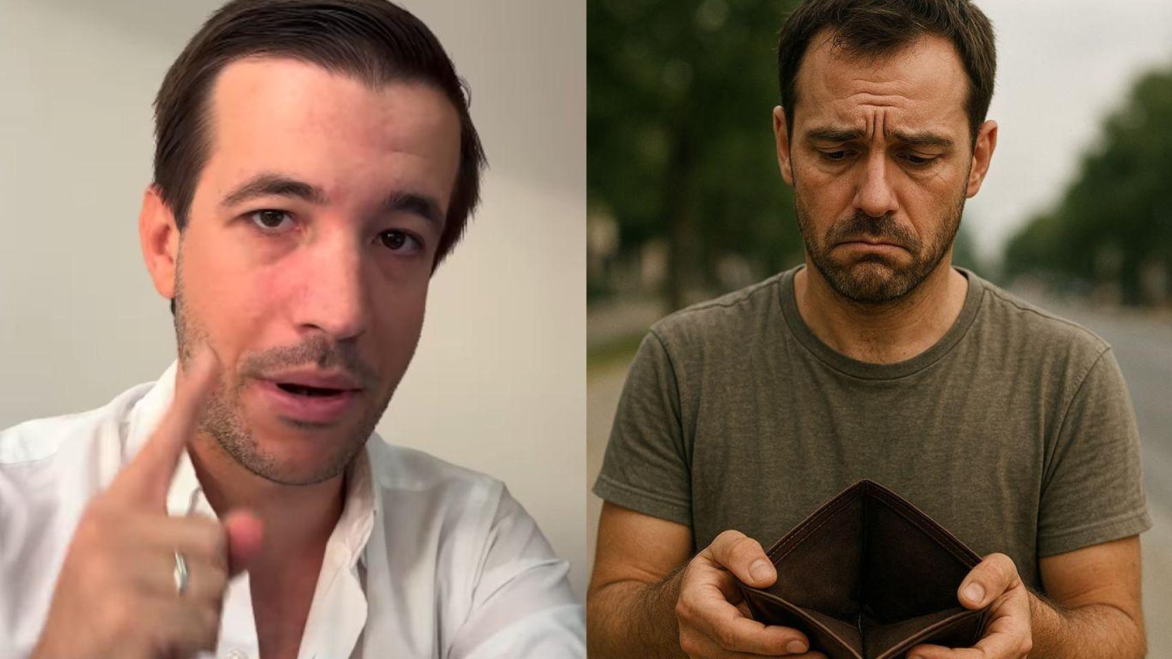 Montaje con Juanma Lorente, abogado laboralista, y hombre trabajador sin dinero generado por IA.